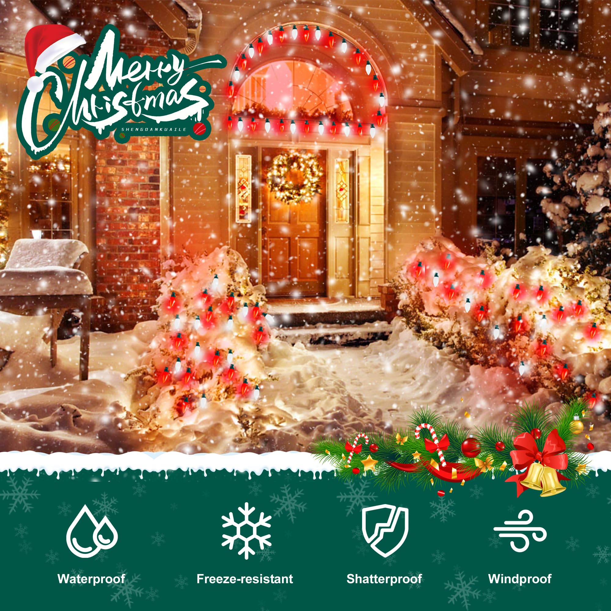 Red&White C9 Big Bulbs Classic Christmas Lights 50 Led 32Ft Strawberry Light - Waterproof Green Wire Fairy Lights, For Indoor Outdoor Home Yard Xmas Tree Decorations (Red White - 50Led)