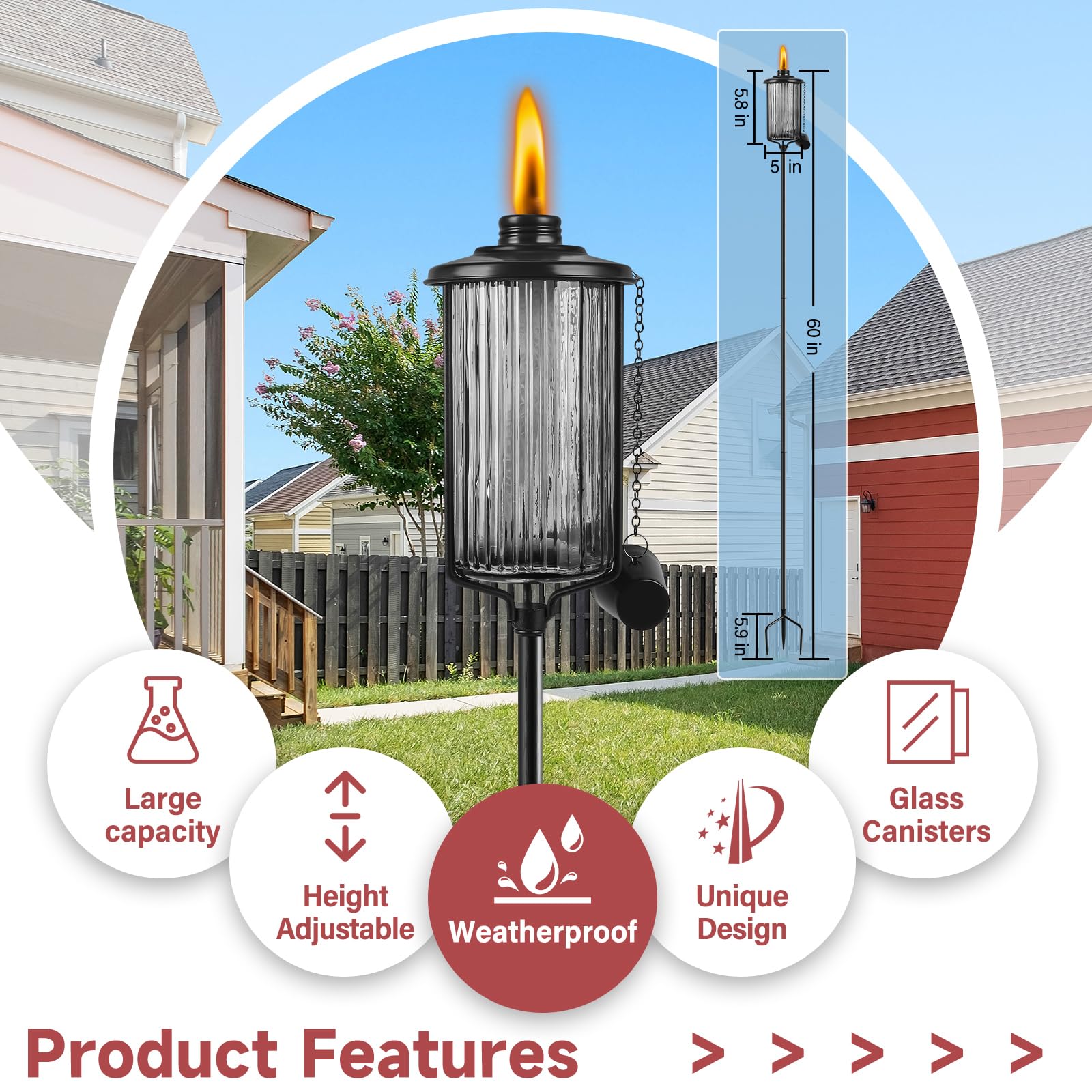 Falbawr 4 Pack Black Glass Citronella Torches - 55&quot; Outdoor Garden Lights With Stake