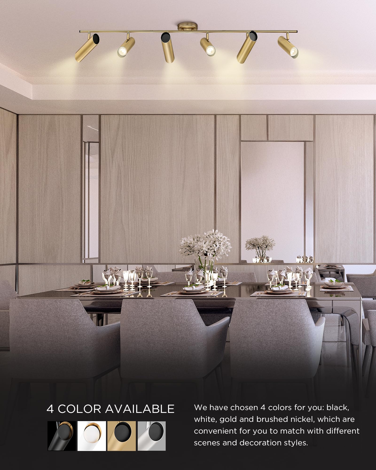 FEMILA 50" LED Track Lighting, 6-Light Brass Gold Fixtures, Rotatable GU10, Model 4FS79TL-6 BG