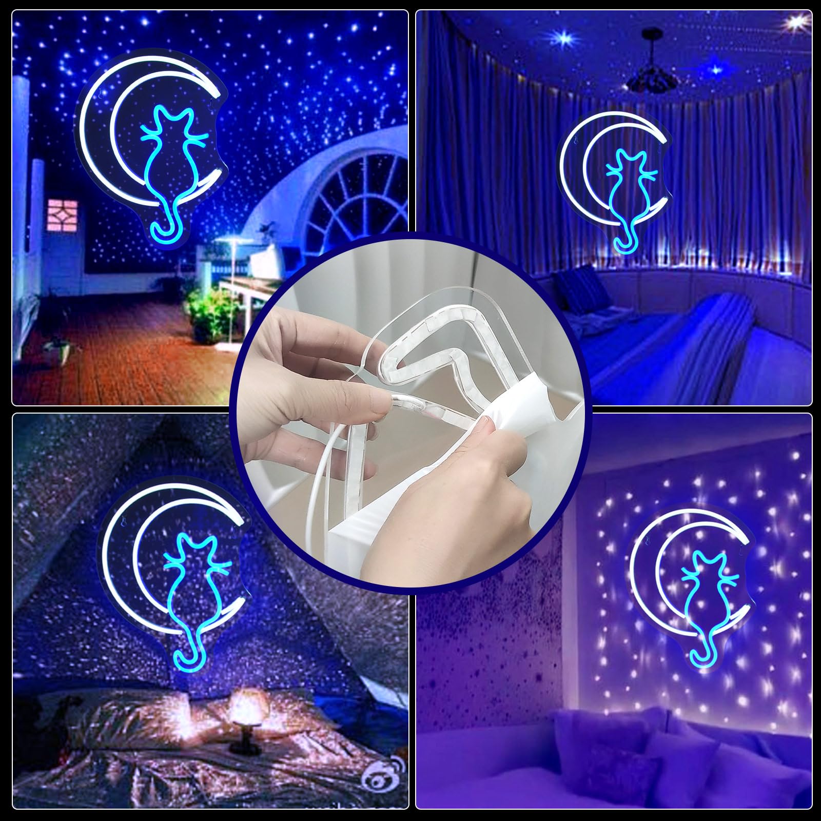 JEDAEMEN LED Neon Sign for Wall Decor - Moon Cat Design, USB Powered, Acrylic, 13.8 x 10.8 inches, White Blue