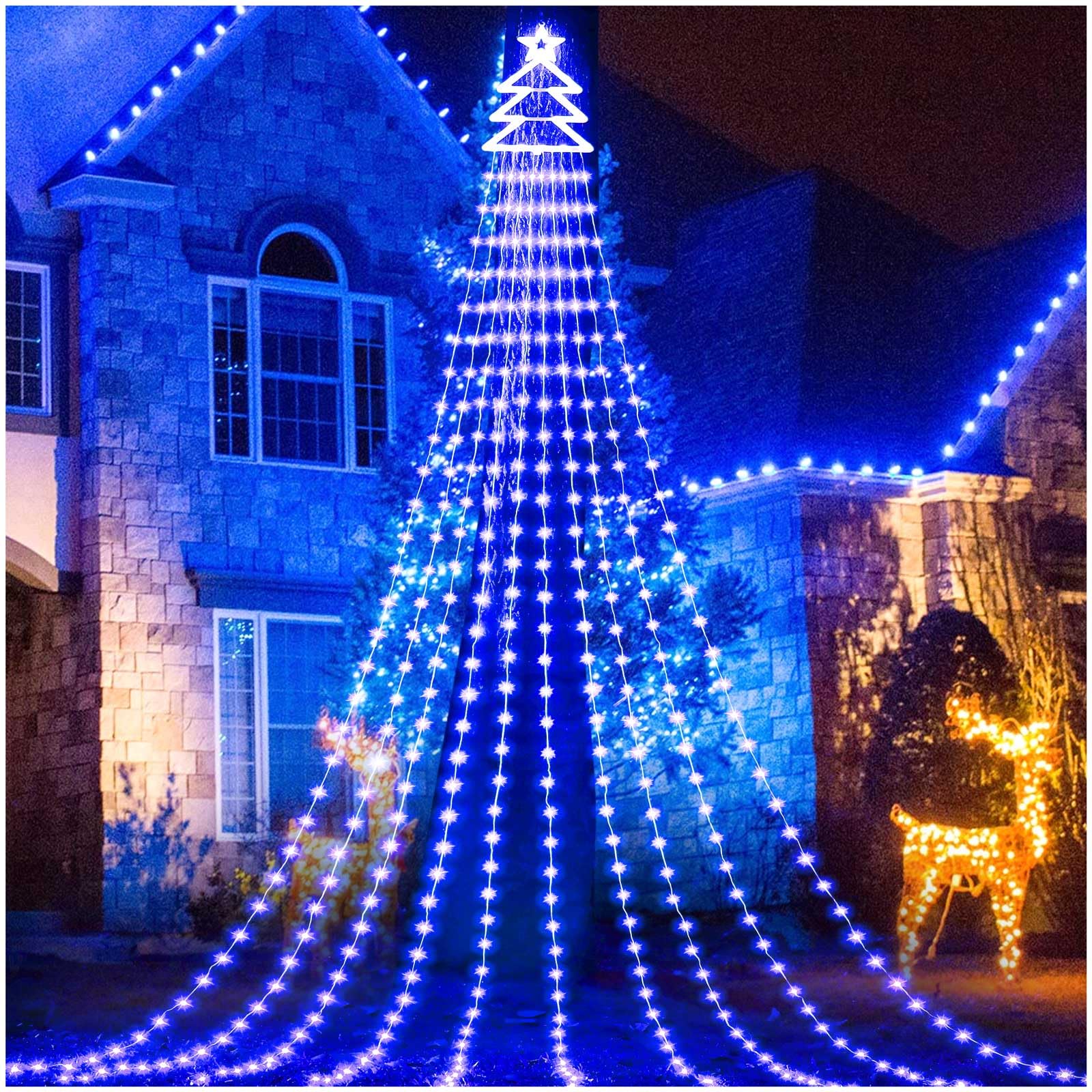 Gorrzai Outdoor Christmas Decorations Star String Lights 420 LED Waterproof Waterfall Lights with Christmas Tree Topper, 8 Light