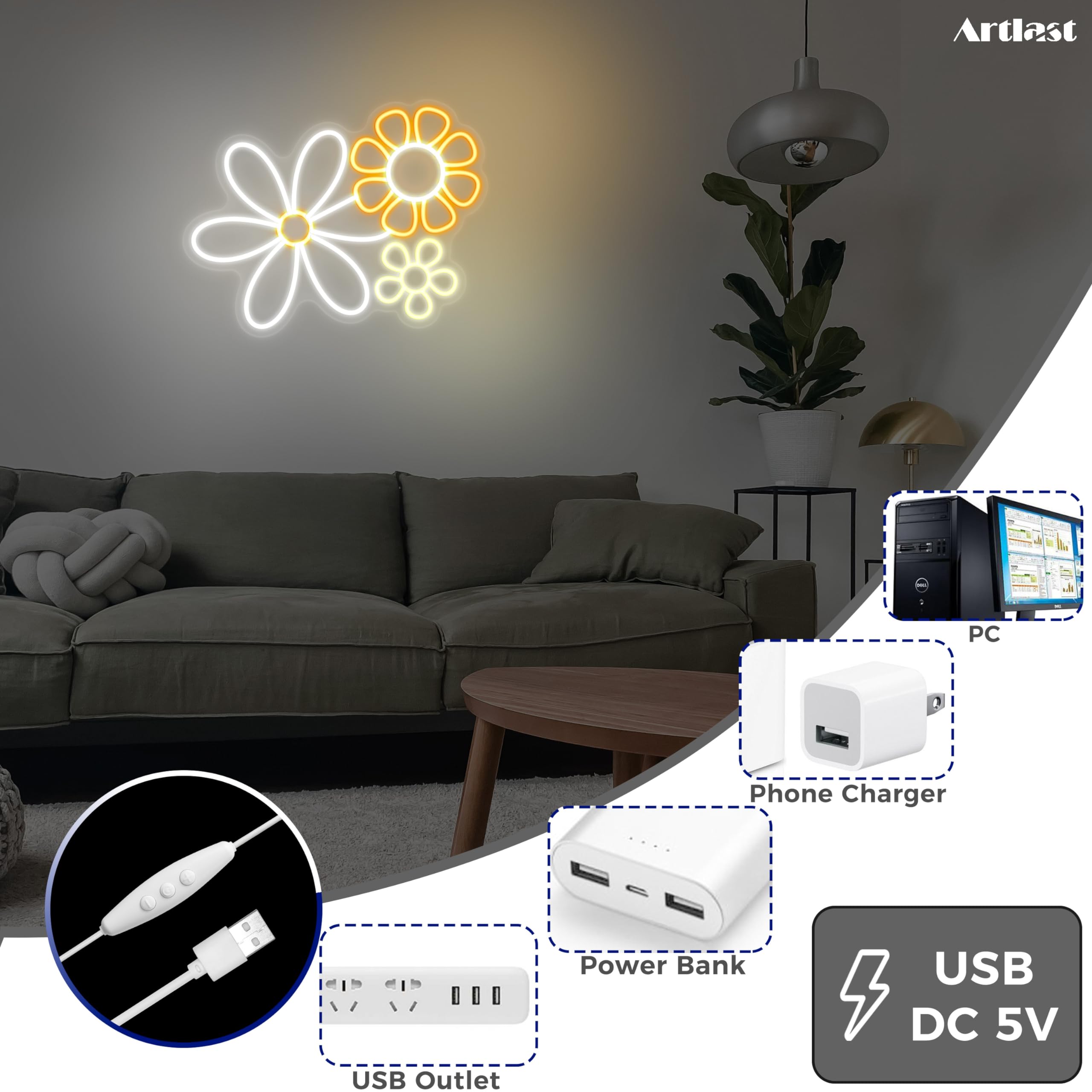 Artlast Neon Sign, Boho Flower LED Wall Decor, 13.39x13.23 inches, Cool White+Warm White+Yellow, Acrylic