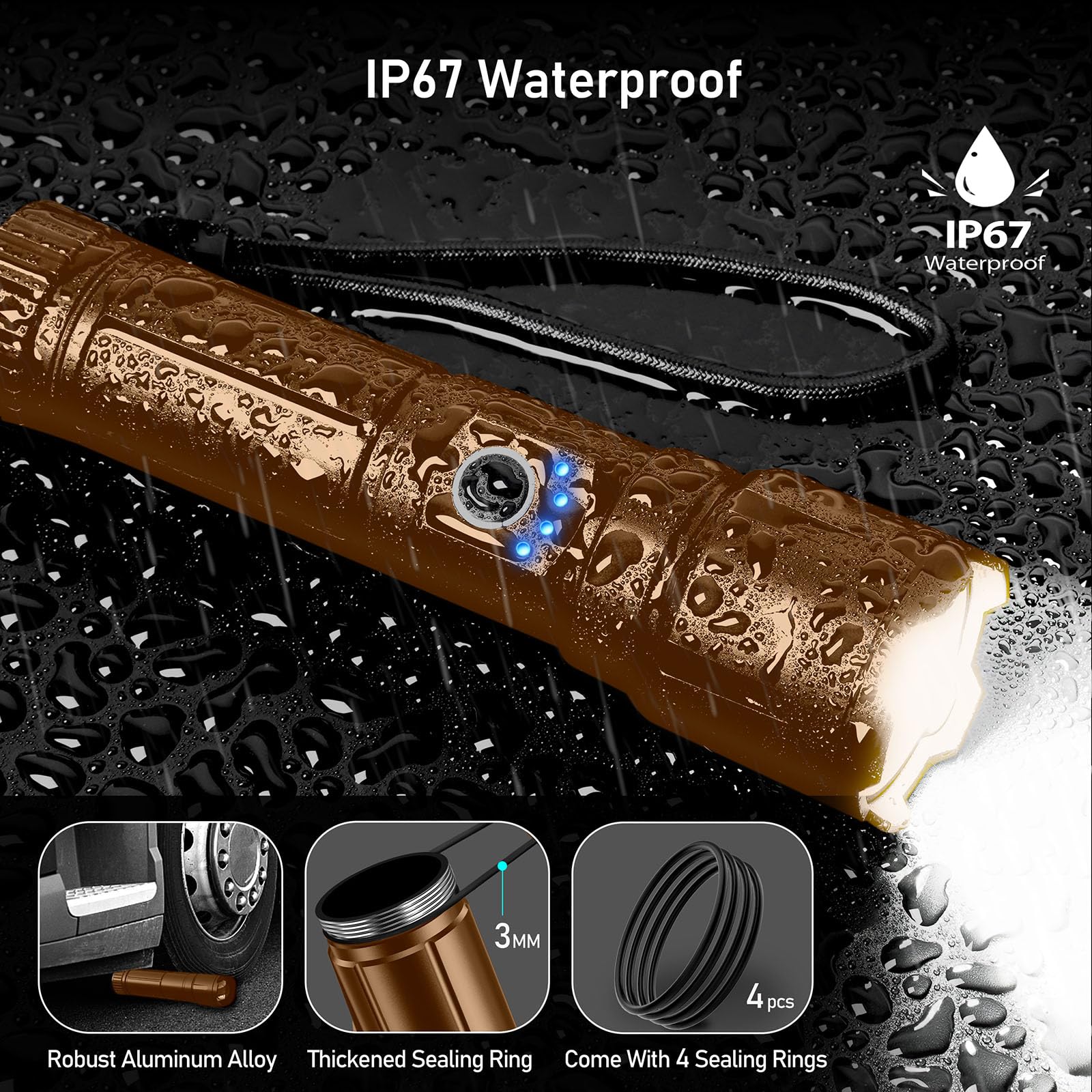 Blukar Rechargeable Flashlight - High Lumens LED, 5 Light Modes, Zoomable, Waterproof, Aluminum, Model K9138, Brown
