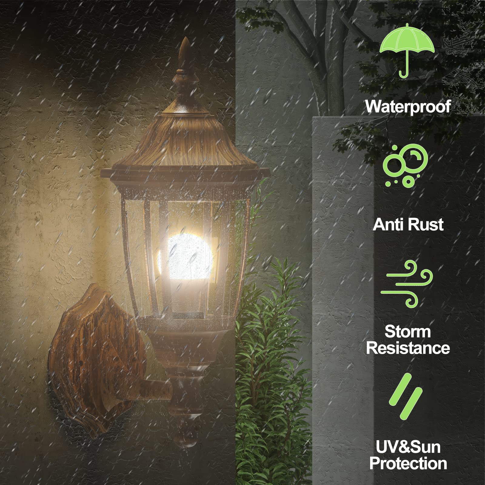 EMART Outdoor Porch Light - Waterproof Wall Mount Lantern, Brushed Gold, Plastic, Model EM-GGL-2, Bulb Included
