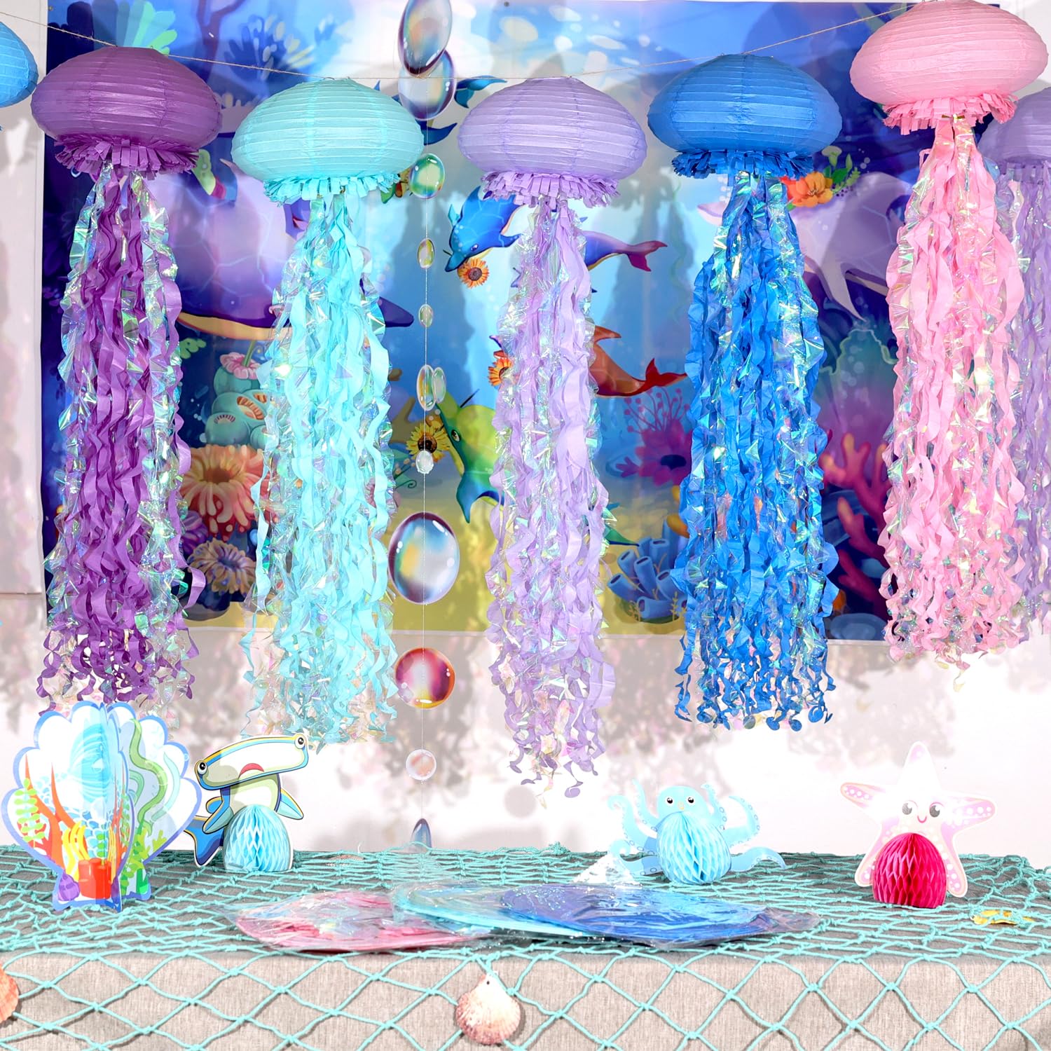 OBXT Hanging Jellyfish Lanterns - Multi-Color, Ocean-Themed Decor, 6 Pack, Model BlueB7