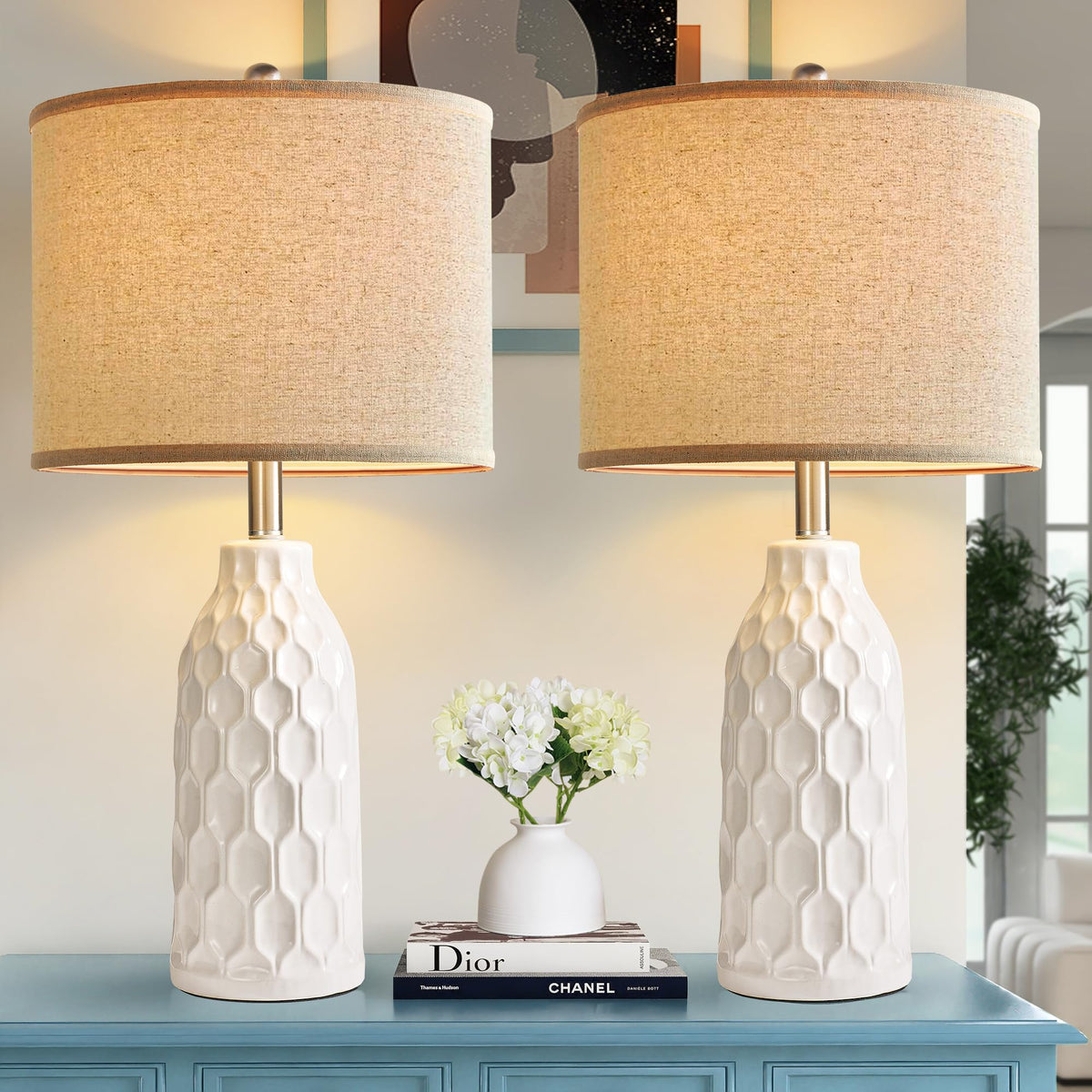 Bzzmmb White Ceramic Table Lamps Set Of 2, 26.8&quot; Modern Nightstand Lighting, Bulb Not Included