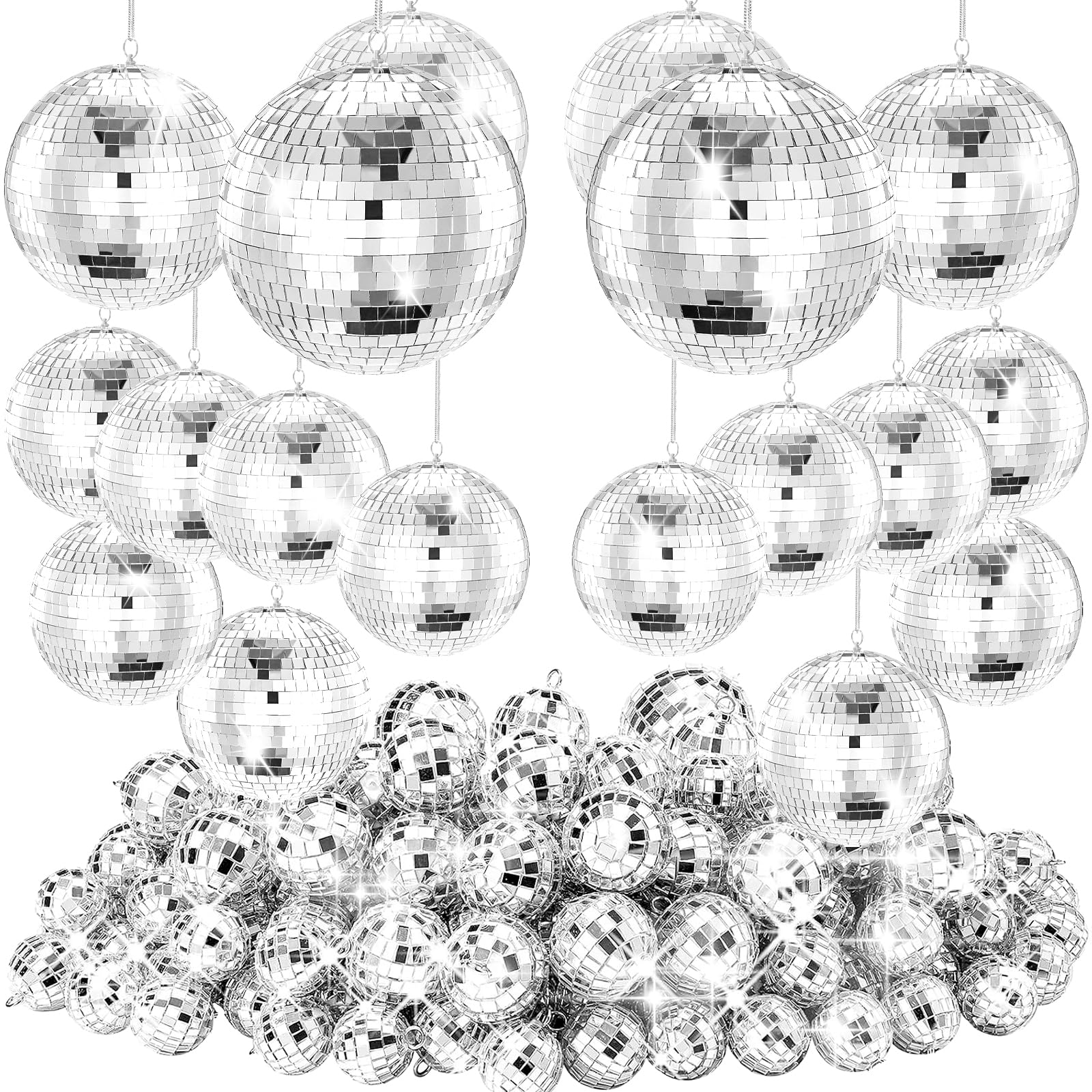 Youdepot Mini Silver Disco Balls - 54 Pcs Ornament Set for Parties, Weddings, and Decor - Sizes: 1.2in to 3.1in