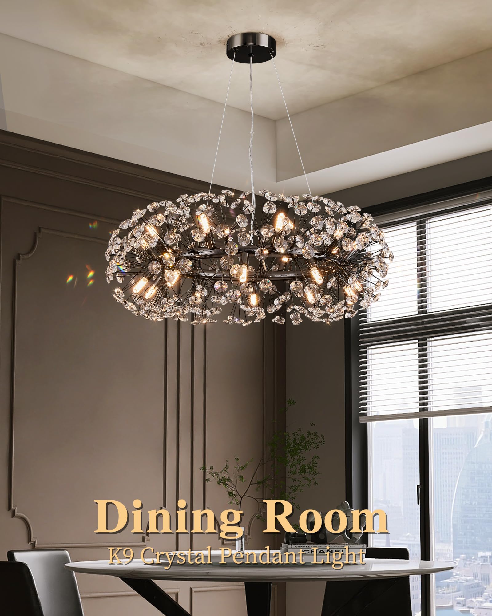 Modern Firework Chandelier, Farmhouse Black Crystal Round Dandelion Sputnik Chandeliers, 31.5'' Contemporary 20-Light Pendant Ha