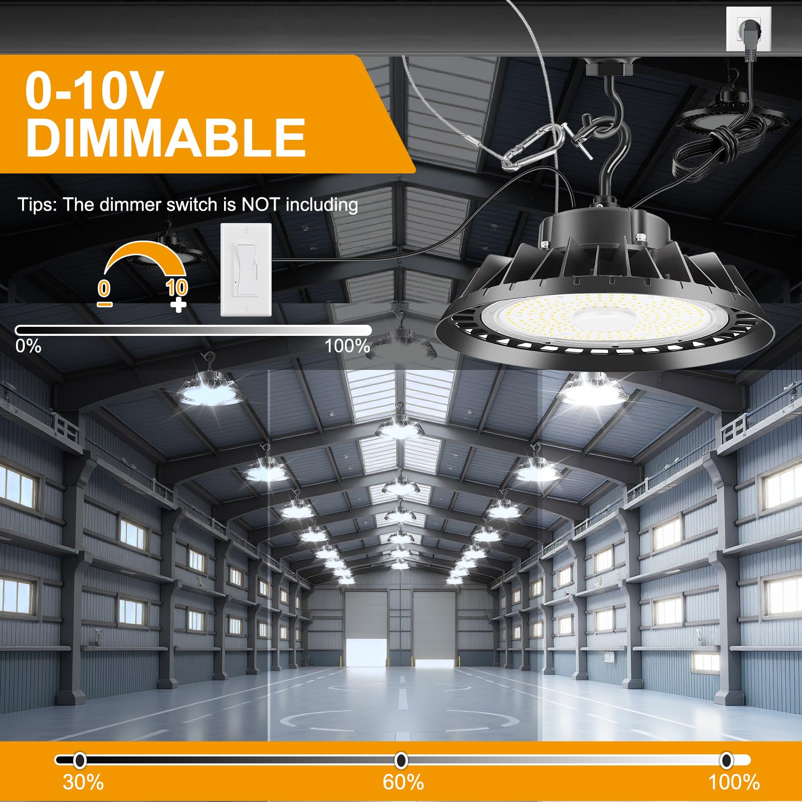 300W UFO LED High Bay Light 300W 5000K High Bay LED Shop Lights 45000LM 0-10V Dimmable 600W HID/HPS Replacement with 5 US Plug