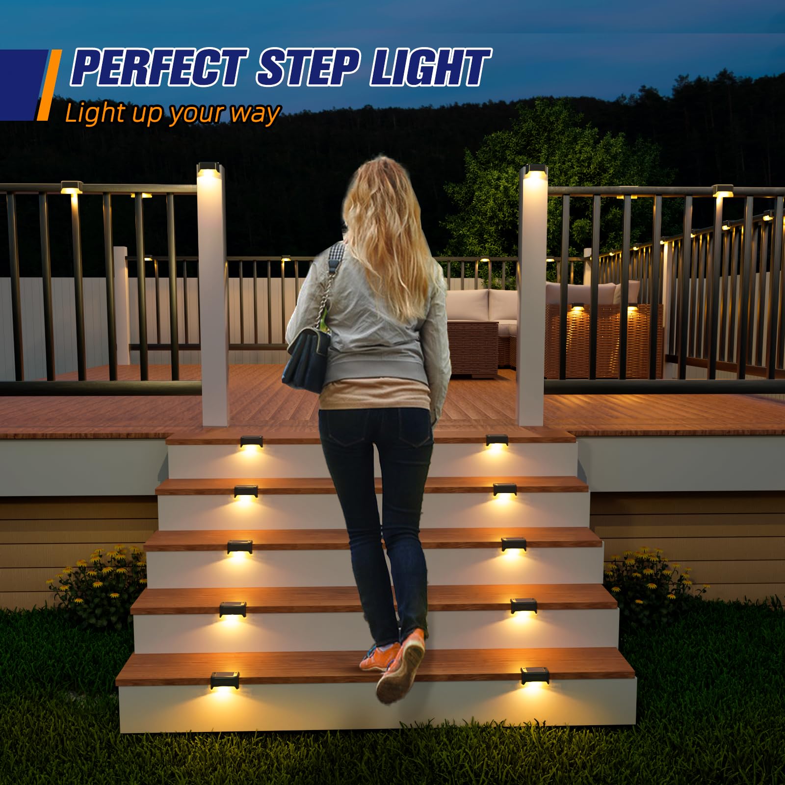 Aponuo Solar Step Deck Fence Lights, Outdoor Waterproof Led, 1.77X3.14X1.73In, Black, Warm White, 16 Pcs, Path, Light, For Patio