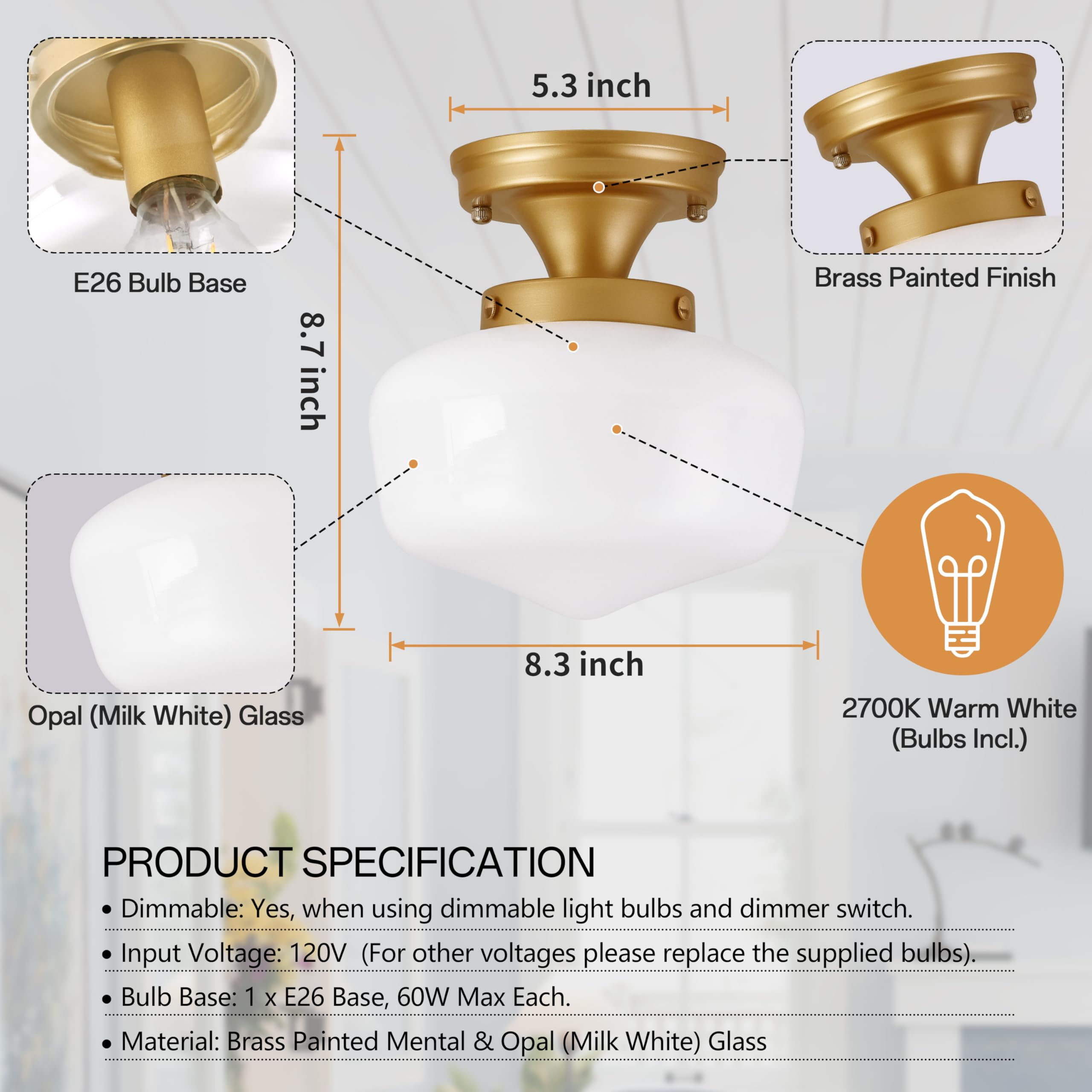 AyshwillDec Brass Ceiling Light Fixture, 8in Mid Century Design, Milk Glass, Semi Flush Mount, 8 Inch Gold, Model: meishi-210