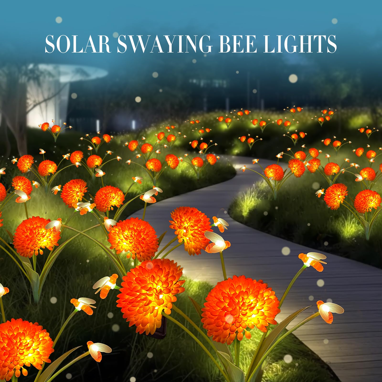 Mrhephaestus Solar Garden Lights, 4 Pack Solar Swaying Bee Lights With Flowers, Waterproof Solar Firefly Lights Outdoor For Gard