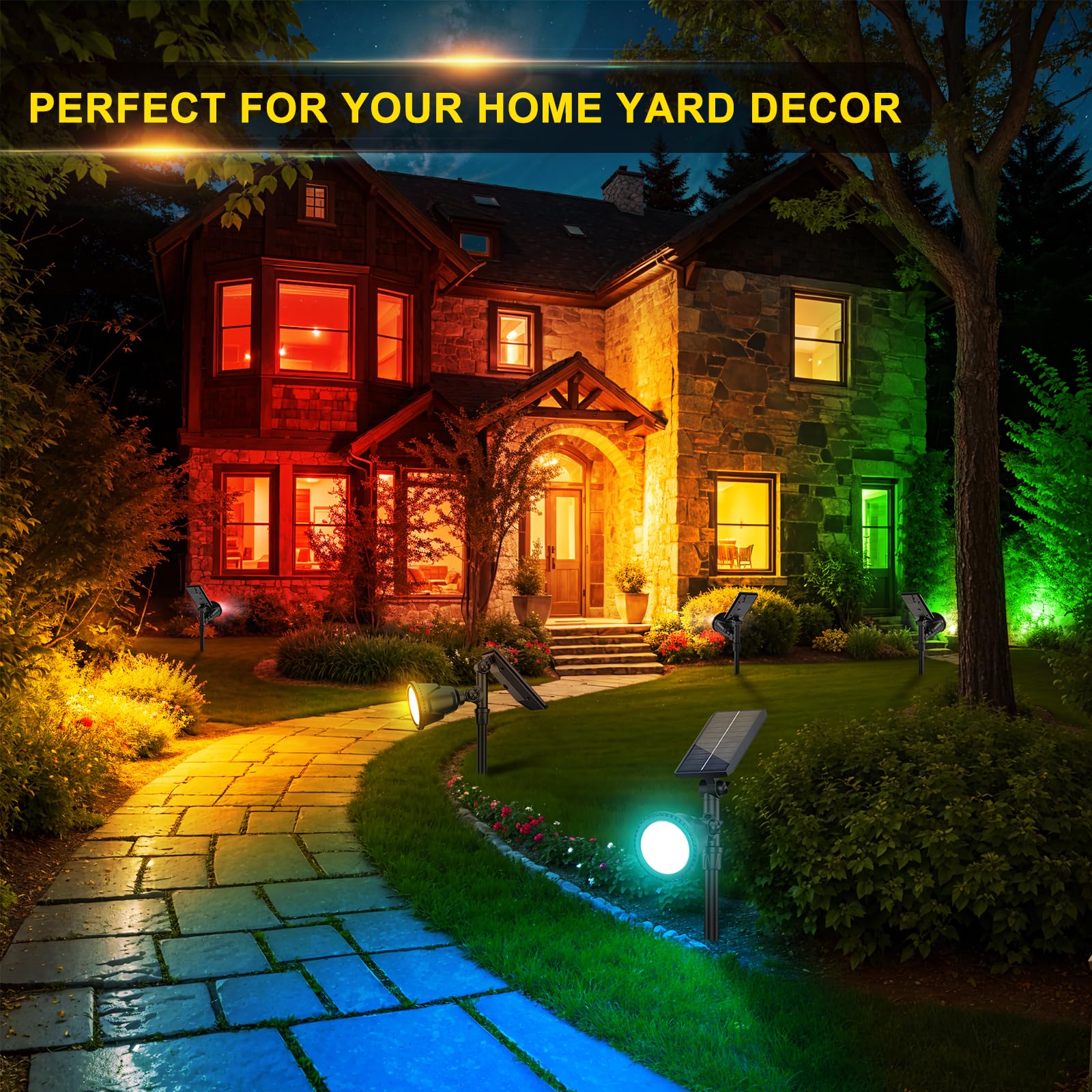 ROSHWEY Solar Garden Lights - 9 Lighting Modes, Waterproof, Multicolor - 4 Pack, Model DS-18, Outdoor Spotlights for Yard and Patio