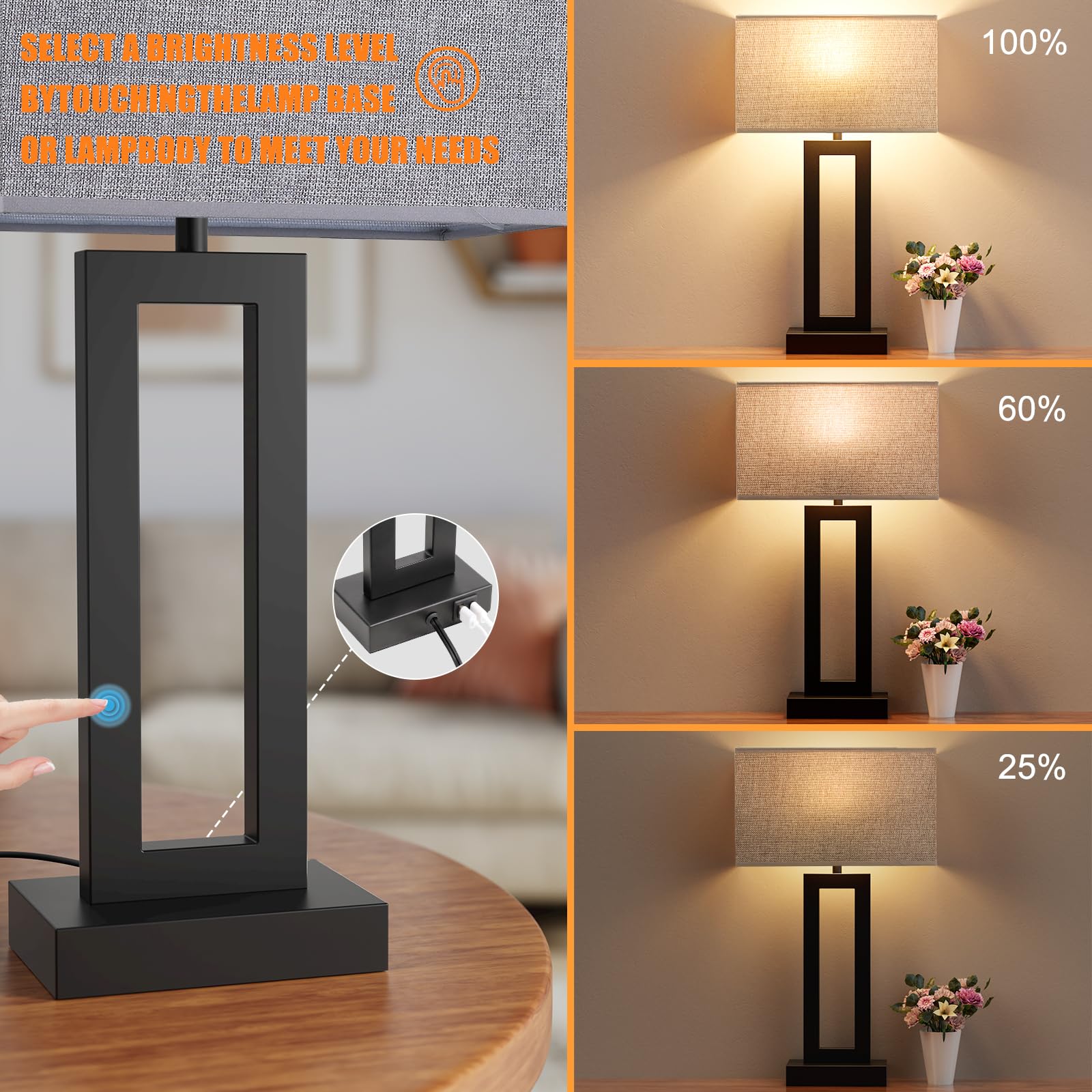 Seealle 22in Tall Modern Lamps - Touch Bedside with USB C+A, 3-Way Dimmable, Set of 2, Grey & Black, Metal