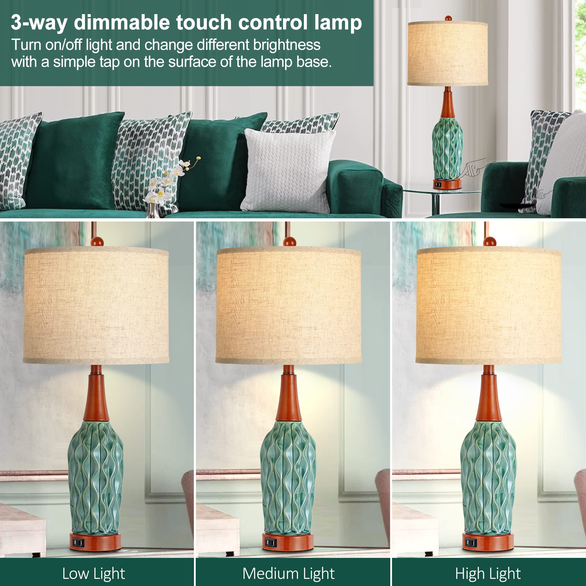 Vpazg Vintage Table Lamps Set Of 2, Turquoise 3-Way Dimmable With Usb Port & Linen Shade
