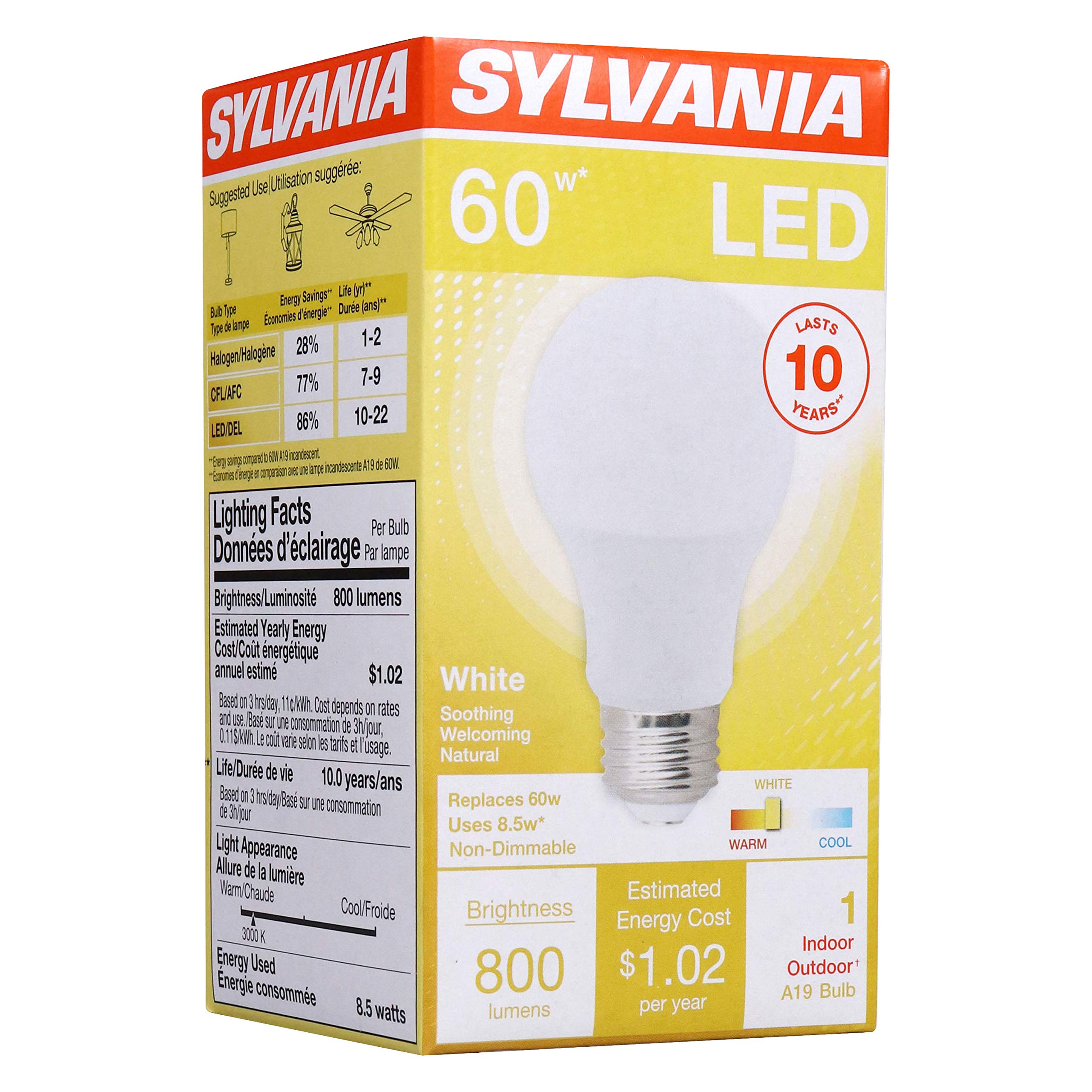 LEDVANCE SYLVANIA A19 LED Light Bulb, 8.5W, 800 Lumens, 3000K White, 1 Pack, Non-Dimmable, Model