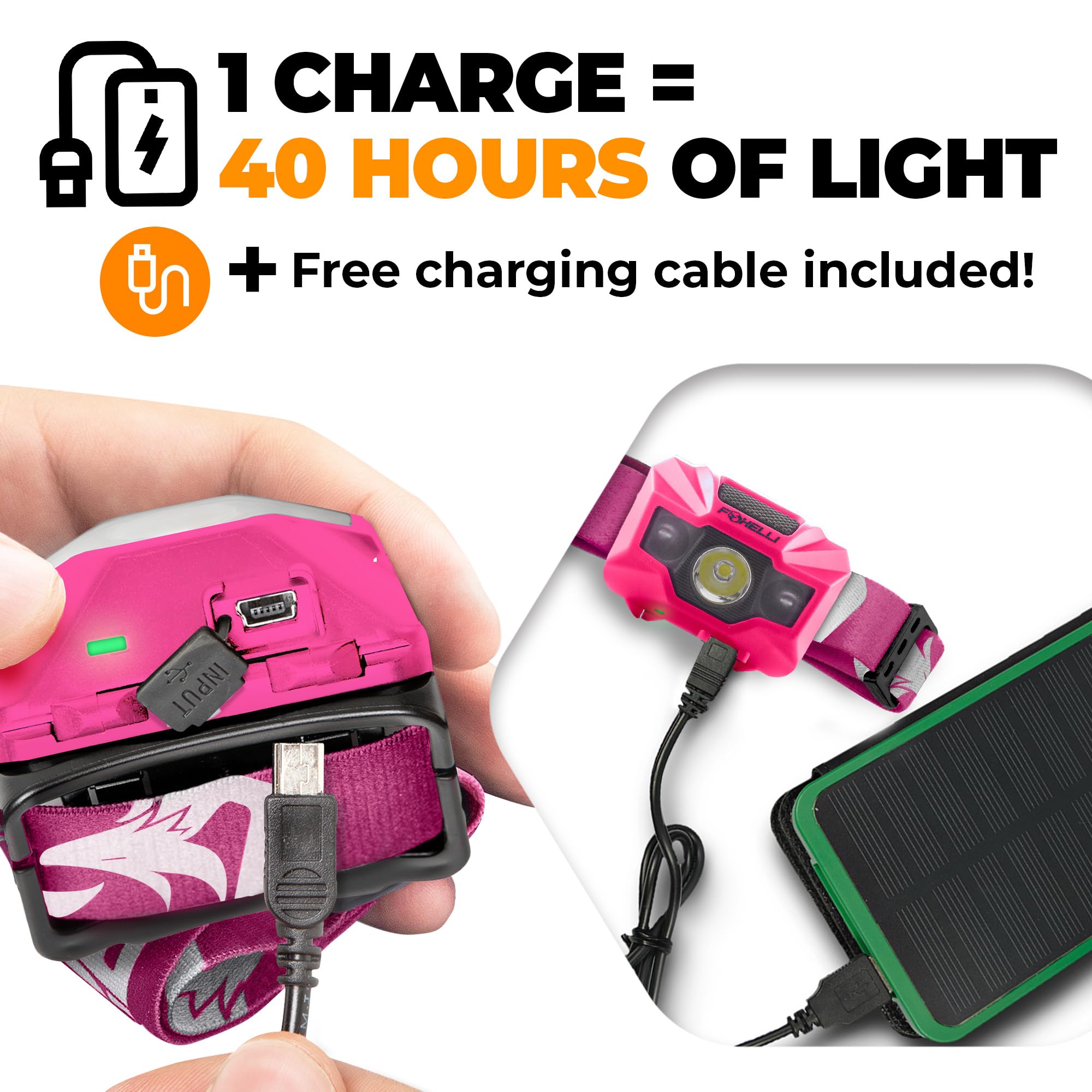 Foxelli LED Headlamp - Rechargeable Ultralight Waterproof Flashlight for Adults & Kids, Neon Pink, Model MX200P_Child