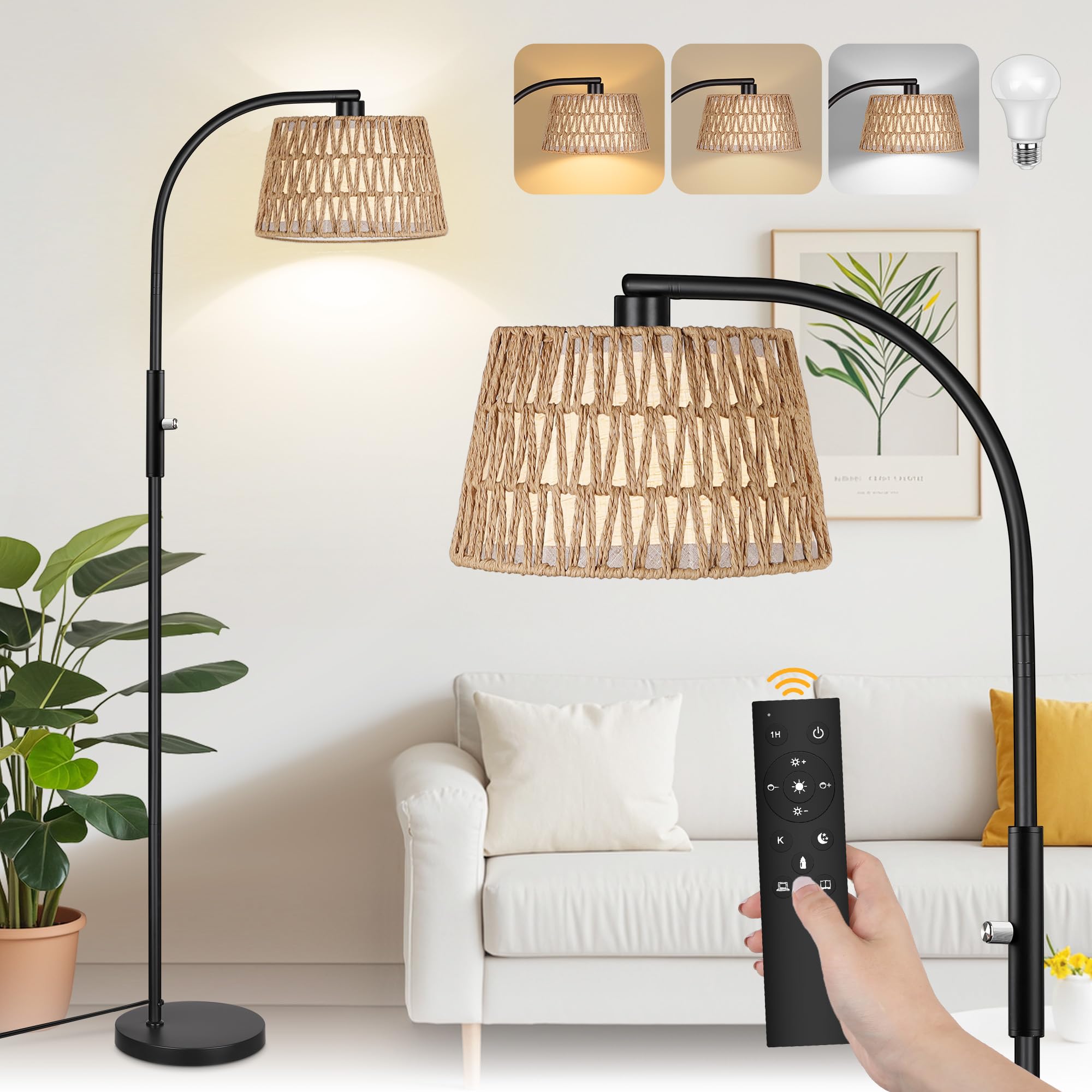 Rottogoon Arc Rattan Floor Lamps For Living Room With 3 Color Temperatures, Boho Floor Lamps With Remote & Dimmable Bulbs, Bohem