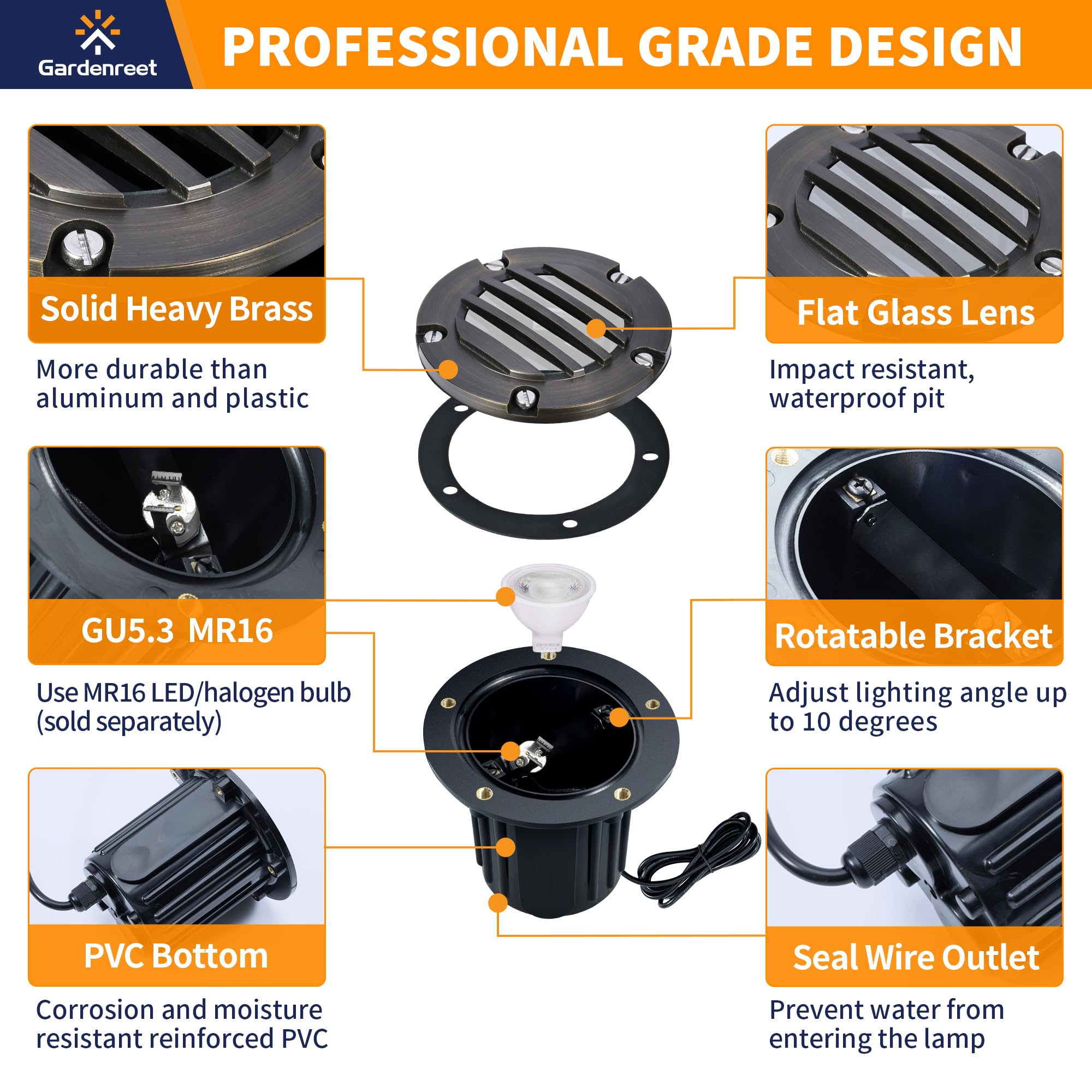 Gardenreet Landscape Well Lights Brass, Led Low Voltage Outdoor In Ground Lights, 12V Waterproof Garden Lights Wired Grated Top