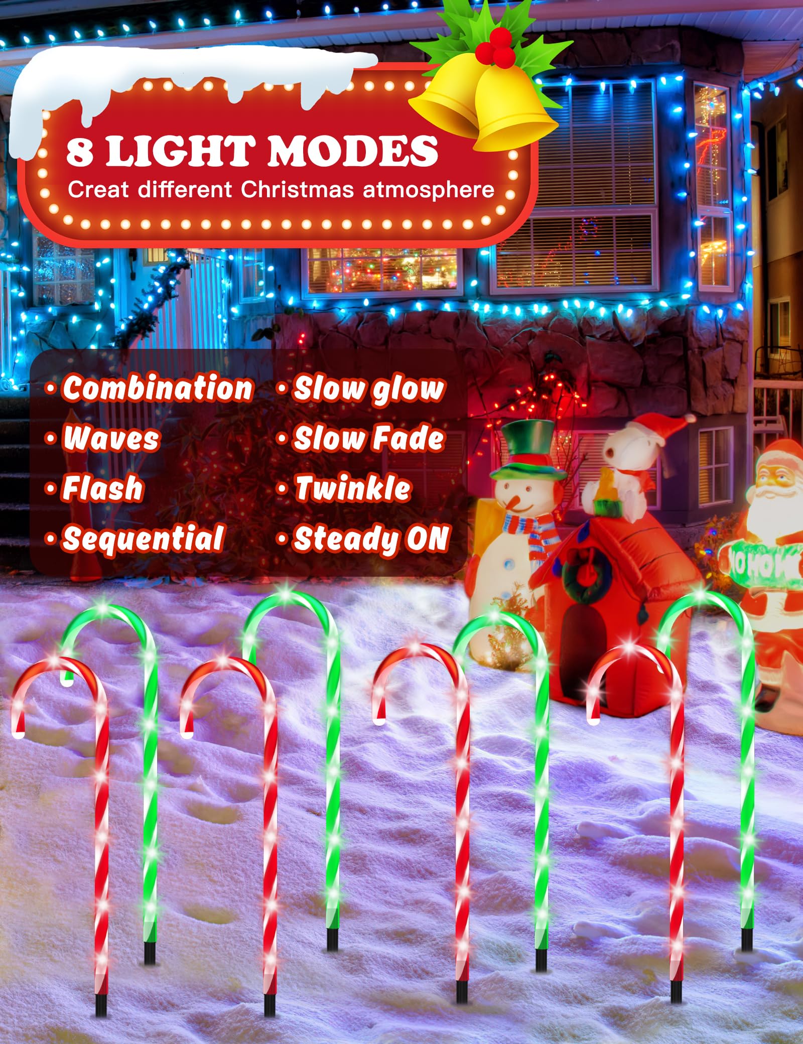 Zhaha Solar Christmas Pathway Lights Outdoor Decorations, Solar Candy Cane Lights For Yard Patio Garden Walkway With 8 Light Mod