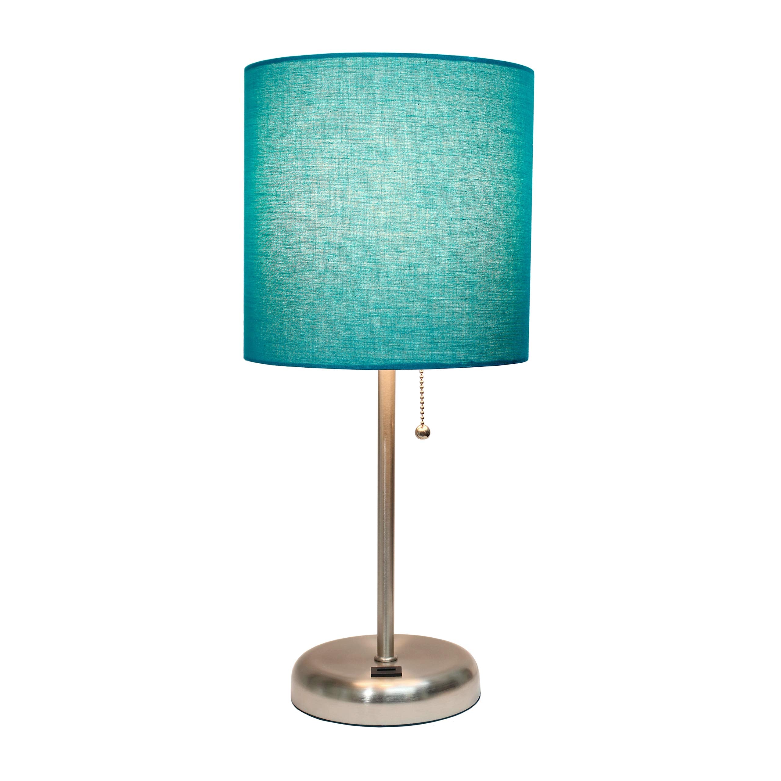 Simple Designs Lt2044-Tel Brushed Steel Stick Table Desk Lamp With Usb Charging Port And Drum Fabric Shade, Teal Shade