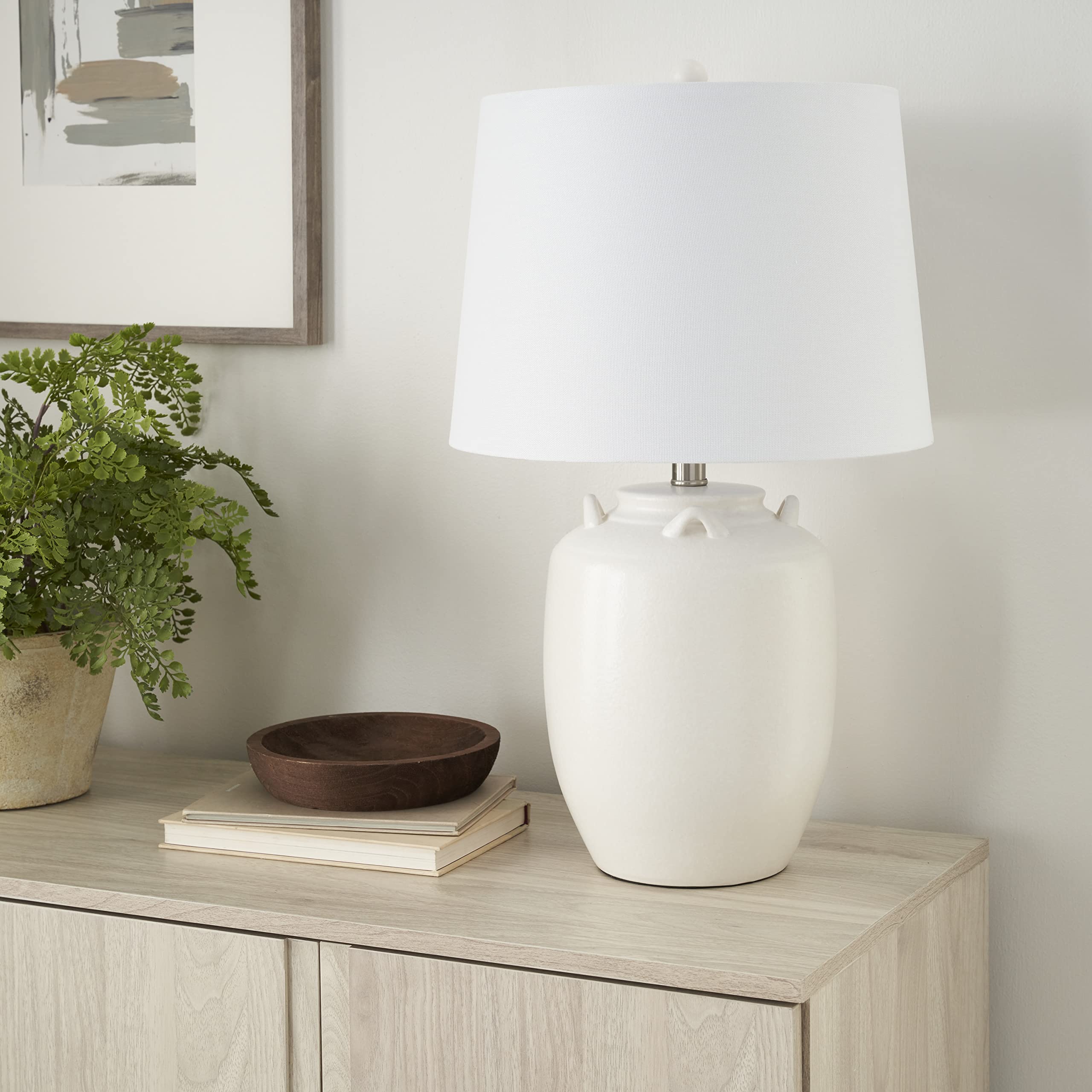 Nourison 24'' White Farmhouse Ceramic Pottery Jug Table Lamp for Bedside Table, Living Room, Office, Entryway