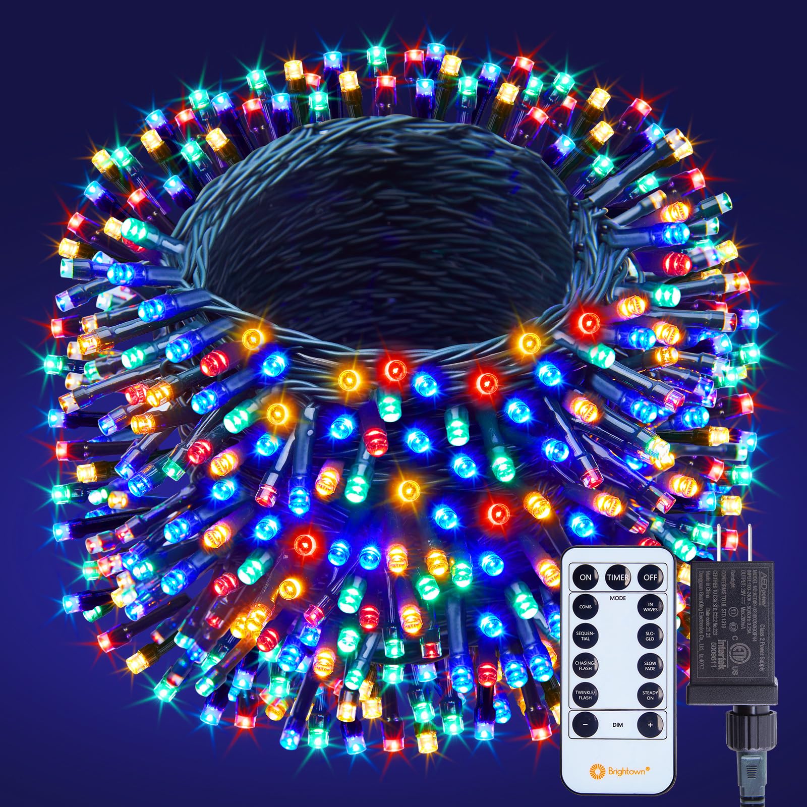 Minetom Christmas String Lights, 168Ft, 600 LEDs, Multicolor, 8 Lighting Modes, Indoor Outdoor, Model AED09-02900200GQIP44