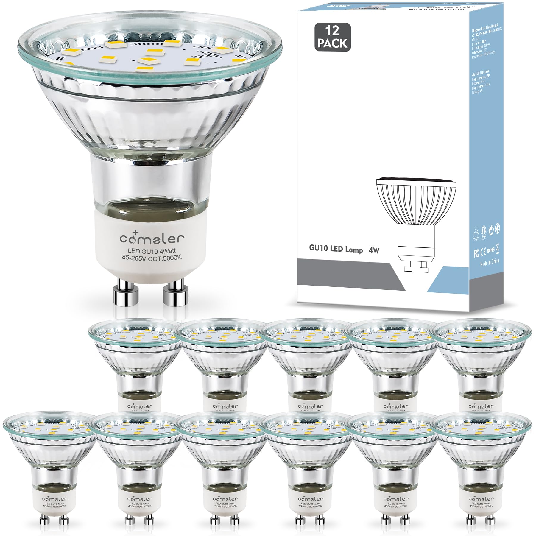 Comzler Gu10 Led Bulb Dimmable  50W Halogen Equivalent Gu10  5000K Daylight  Gu10 Bulb Replacement For Track Lighting  Mr16 Gu10 Light Bulb Led 4W 120Beam Angle 400Lm 120V Etl Listed 12 Pack