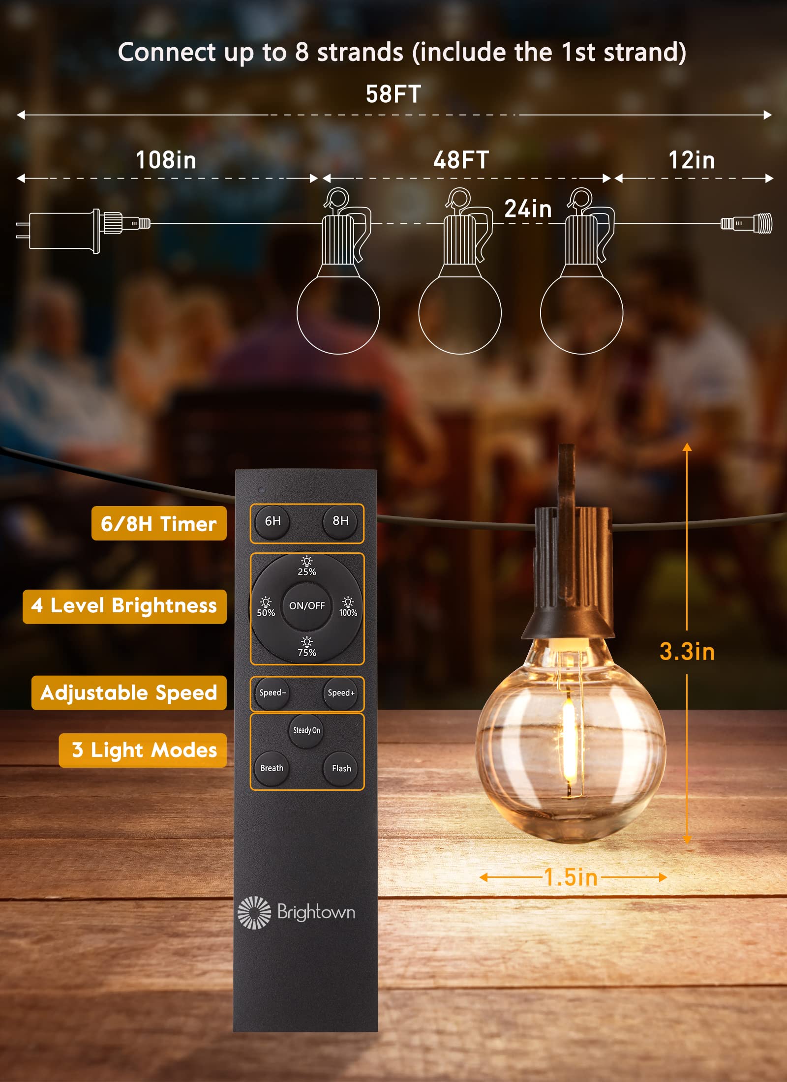 Outdoor String Lights With Remote And Zip Ties, 58Ft Dimmable Patio Lights With 25 Bulbs, Waterproof Hanging Lights For Porch Ba