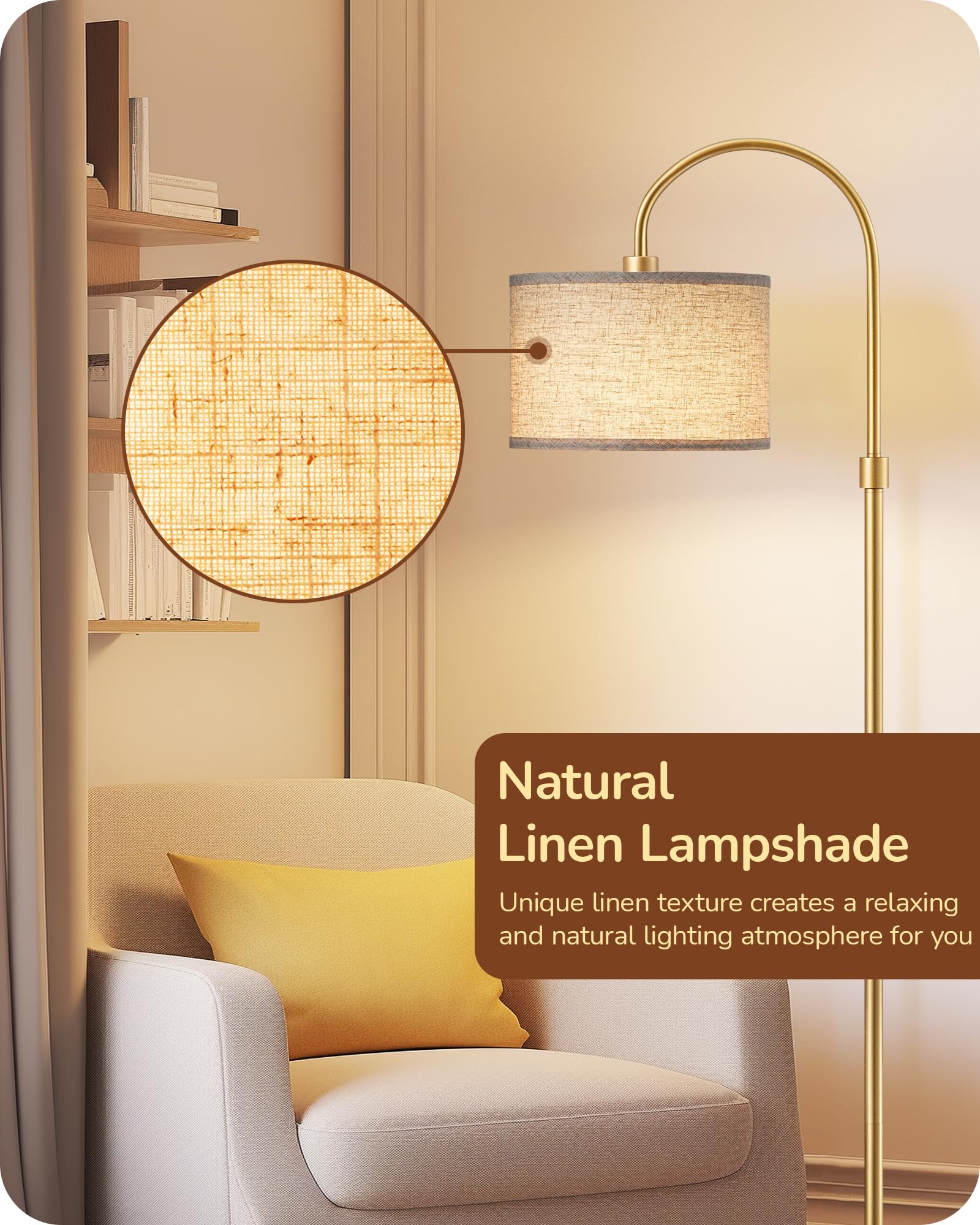 Edishine Modern Arc Floor Lamp With Remote, Dimmable Gold Floor Lamp, 3000K-6500K Color Temperatures, Tall Pole Reading Floor La