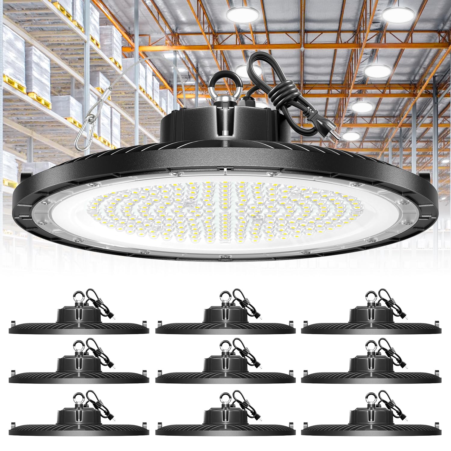 ONLYLUX 10-Pack UFO LED High Bay Light 250W 37500LM  High Bay Led Shop Lights with 5ft US Plug  IP65 Waterproof  5000K Daylight  150LM/W Efficiency  Non-Dimmable for Warehouse/Gym/Workshop
