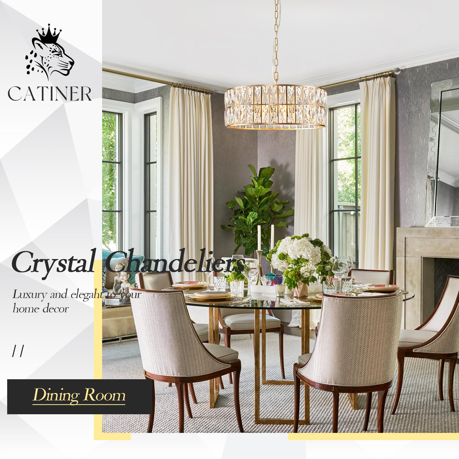 CATINER Modern Crystal Chandelier, 18" Large Gold Semi Flush Mount, Elegant Lighting for Dining Room, Foyer, Bedroom, Model C80