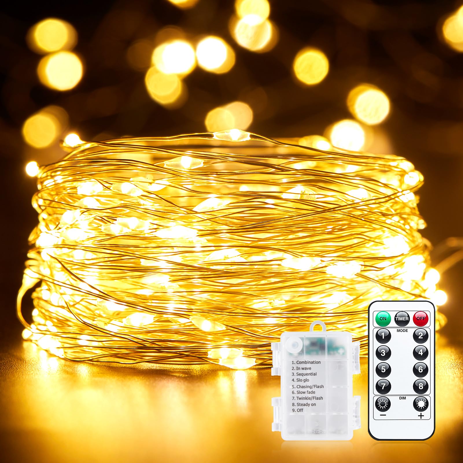 Minetom 200 LED Outdoor String Lights, Warm White Fairy Lights, Battery Operated with Remote, Copper Wire for Party Decoration