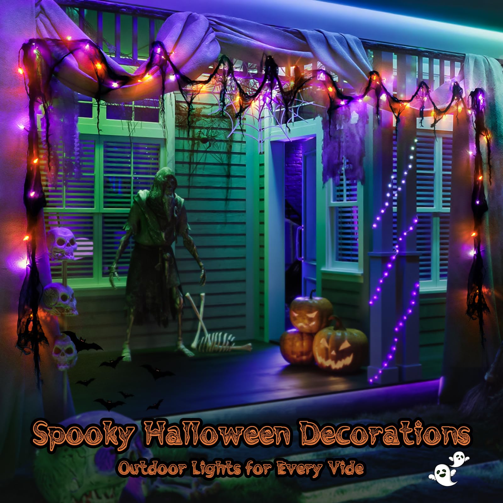 Halloween Horror Atmosphere Lights  Orange&Purple Led String Lights With 9.9Ft Creepy Black Gauze  Battery Powered With Timer & 8 Flashing Modes (Orange & Purple)