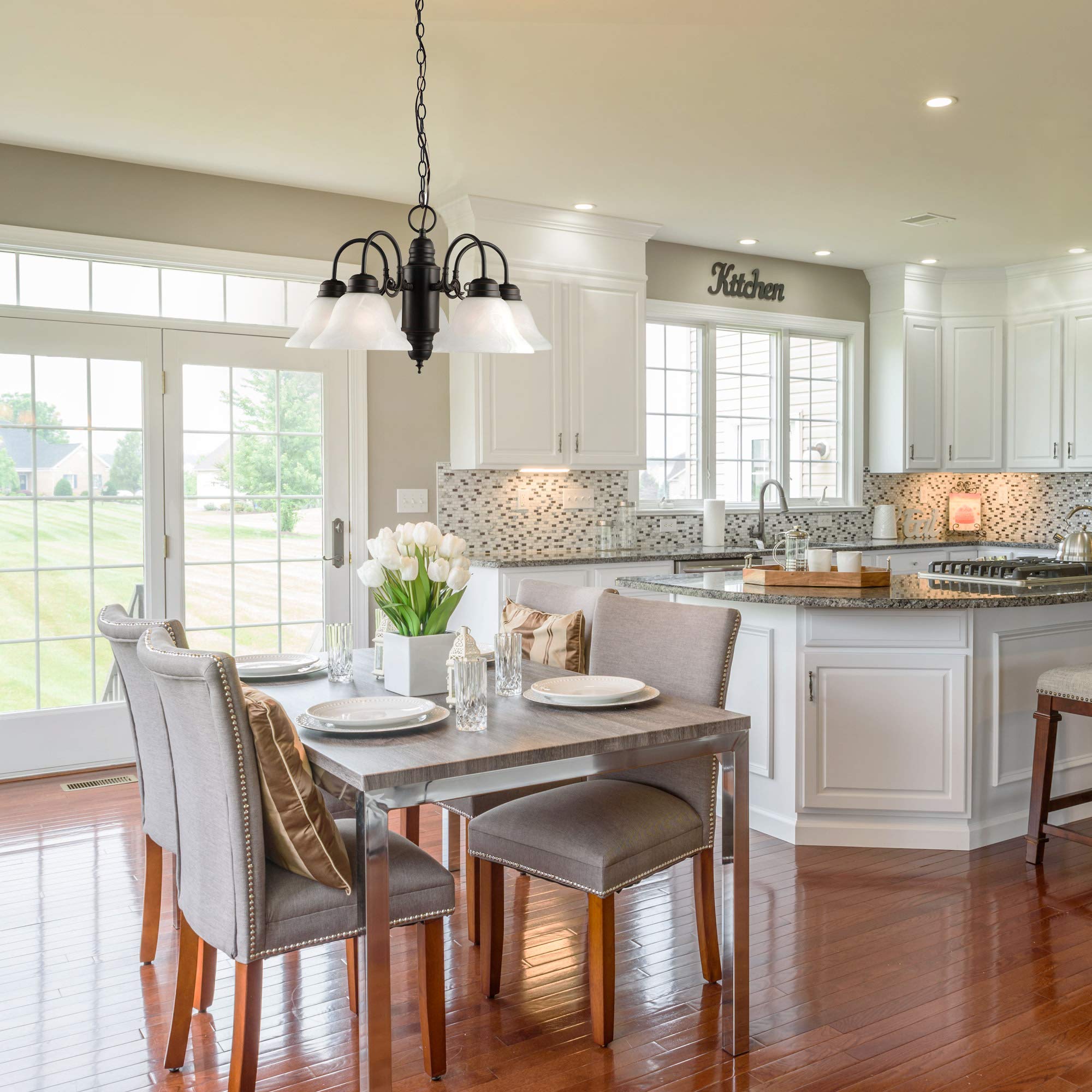 Design House 5-Light Indoor Dimmable Chandelier, Alabaster Glass Shades, Oil-Rubbed Bronze, Model 514455