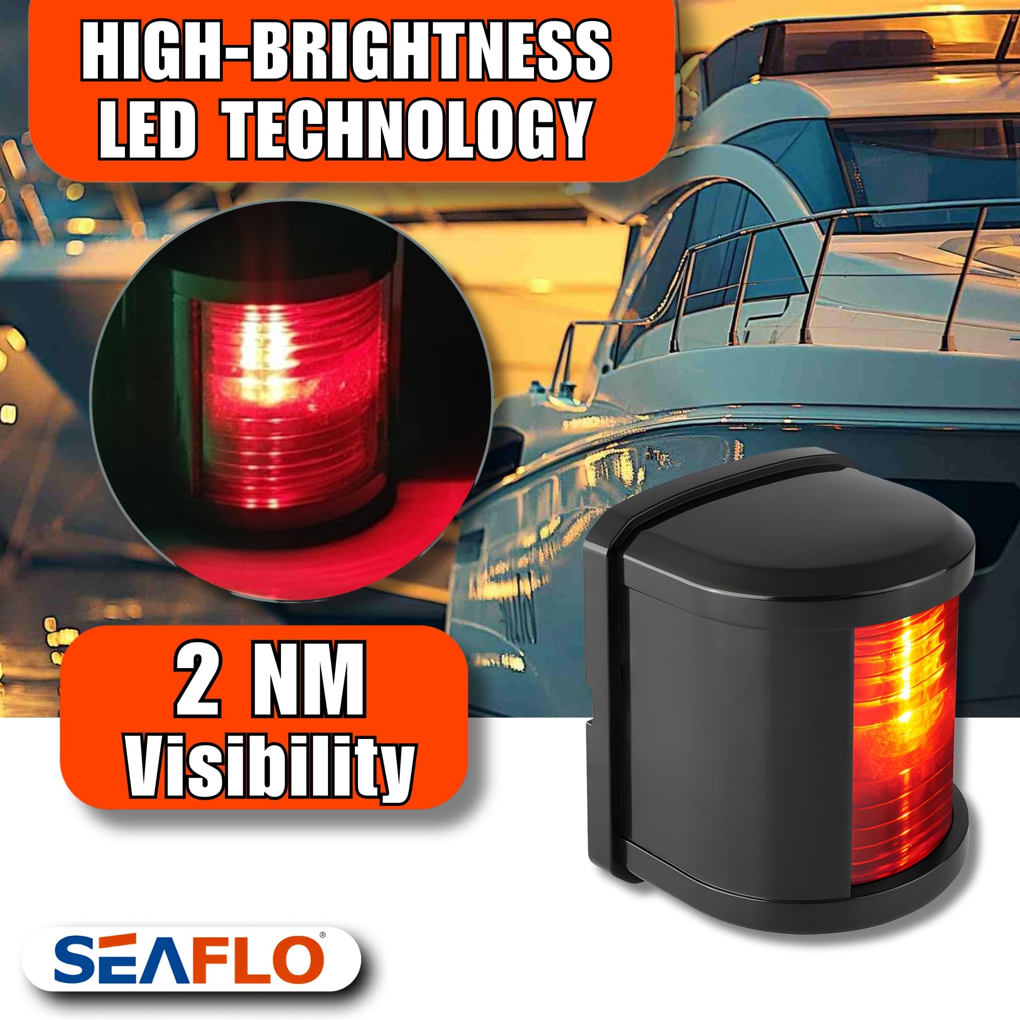 SEAFLO LED Red Port Navigation Light – 12V, 1W, IP67 Waterproof, 2NM Visibility, Model SFNL011-LB-02, for Boats Under 65 ft