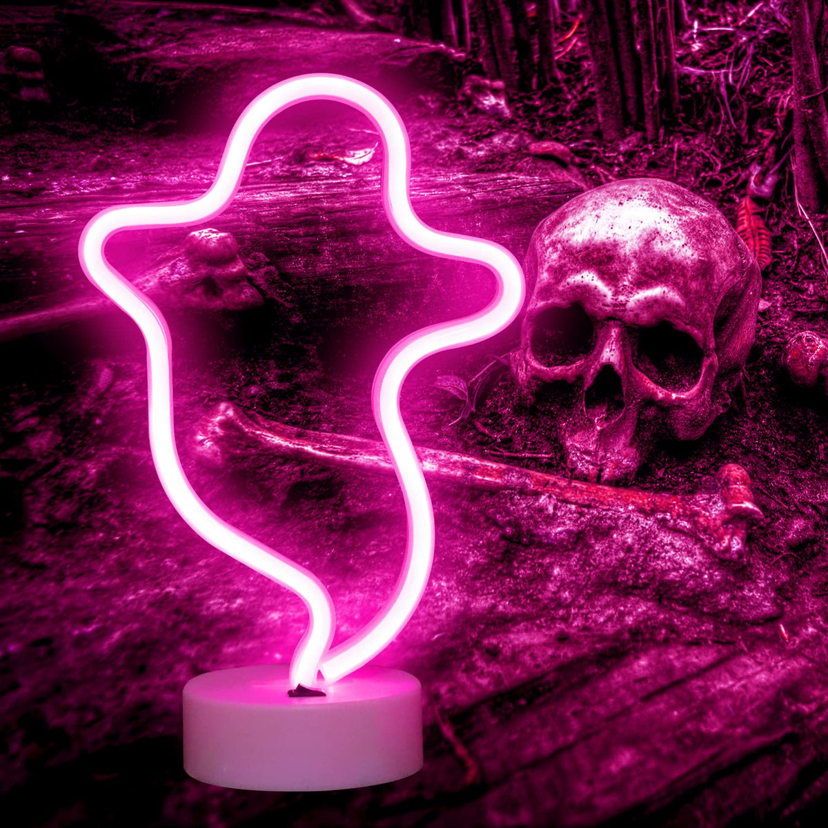 Ghost Neon Signs Halloween Night Lights, LED Signs Ghost Shape Lamp Neon Lights for Nursery Room Wall, Festival, Party Christmas Decor-Ghost with Holder Base(Pink) …