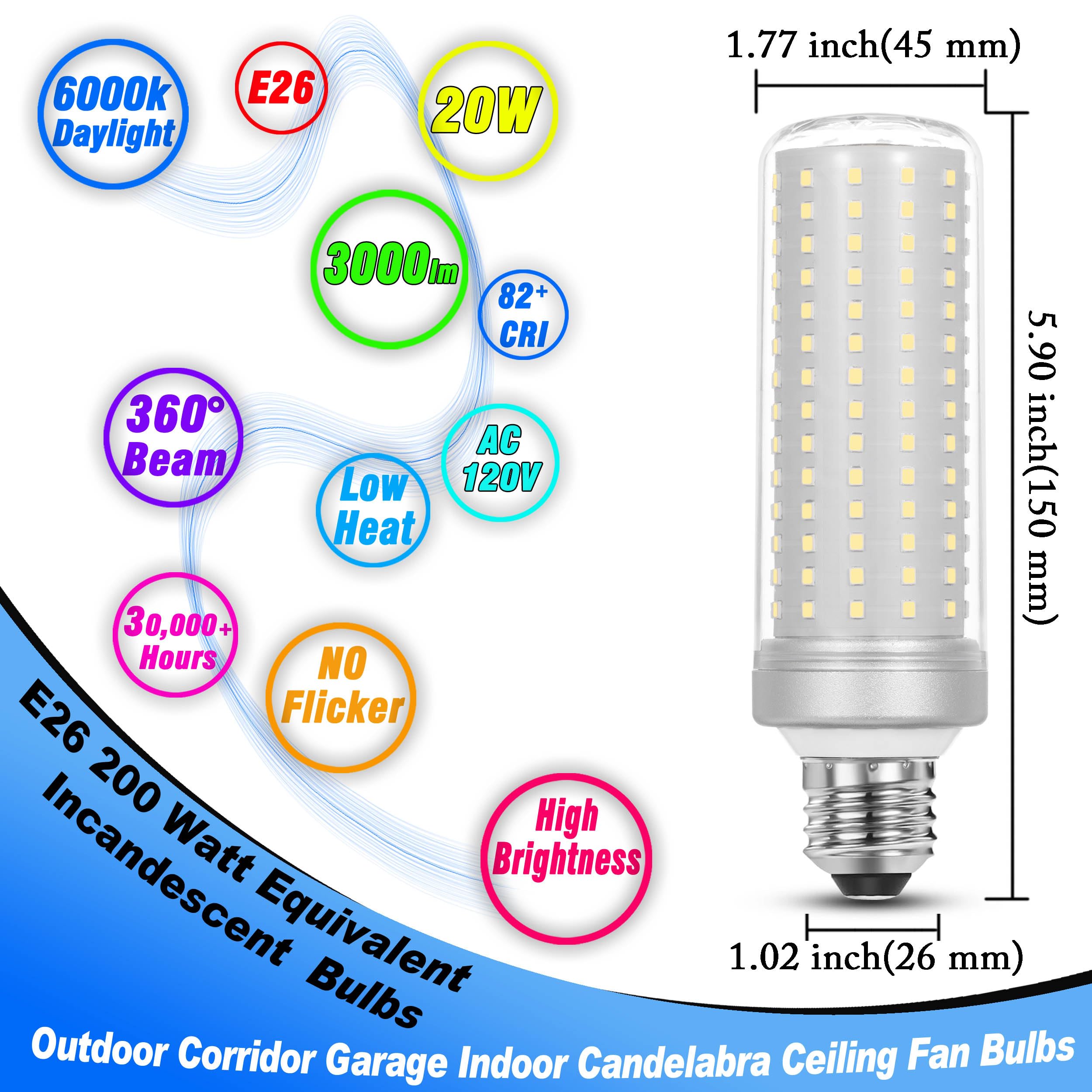 1.77*5.90Inch Big E26 Led Bulbs 20W Led Corn Light Bulbs 200 Watt Equivalent 3000 Lumen 6000K Daylight White For Outdoor Home At