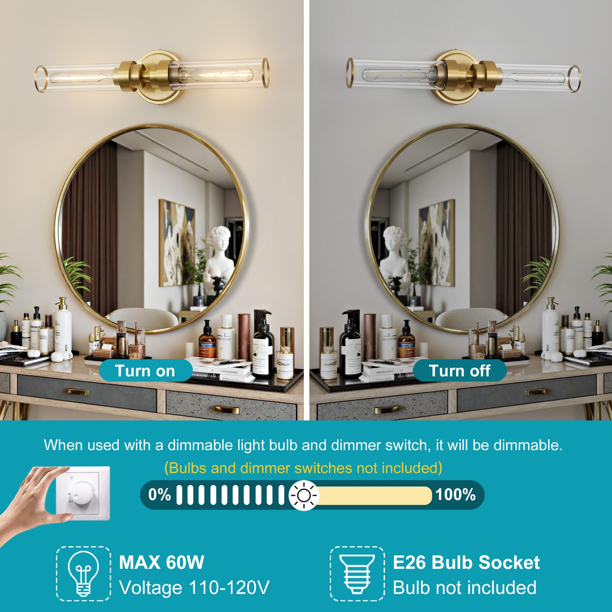 Vaziden Bathroom Light Fixtures  Gold Wall Sconce In Clear Glass Vanity Lights  Modern Bathroom Vanity Light Up And Down Sconces Wall Lighting For Living Room  Hallway  Bedroom - Bulb Not Included