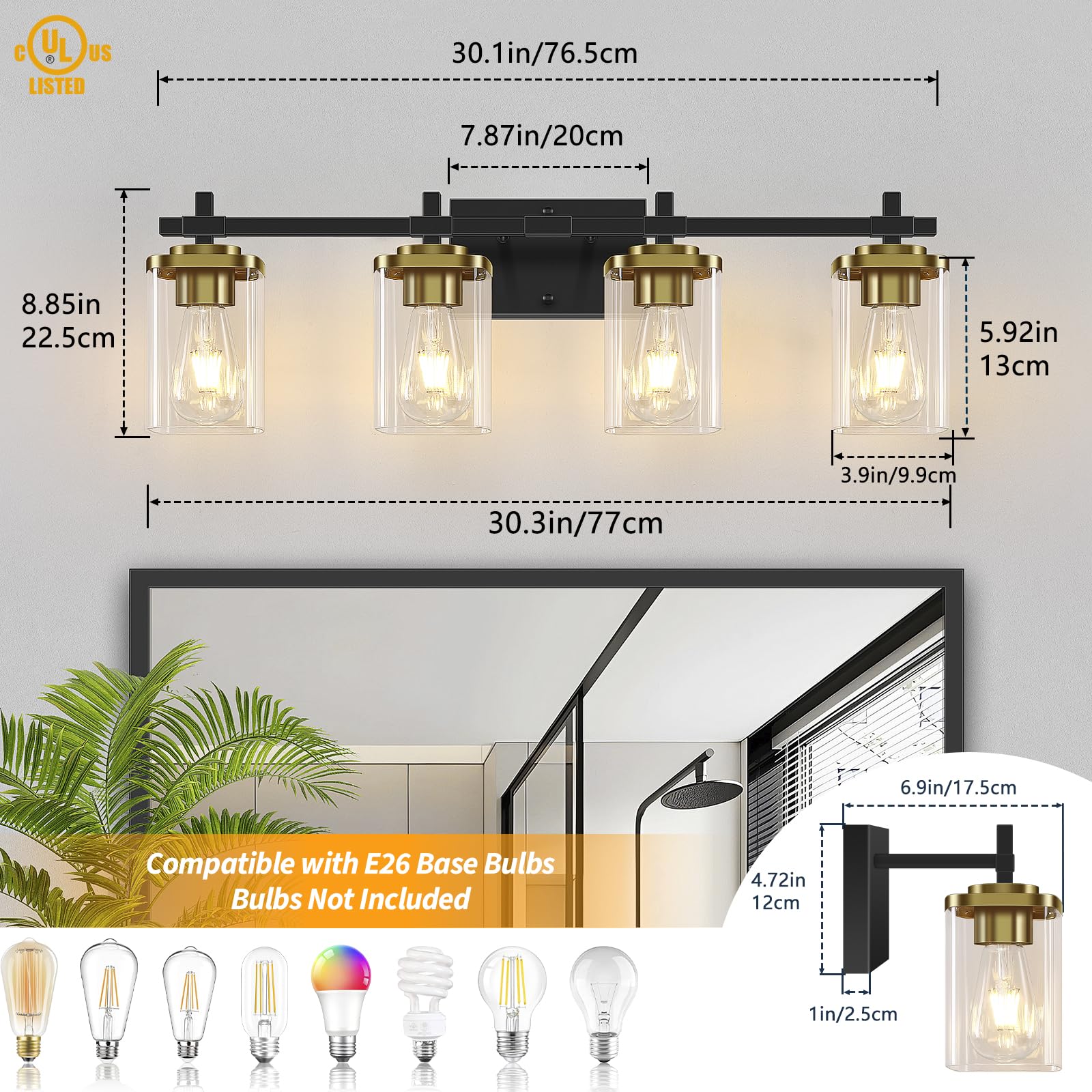 Spiglamm 4-Lights Black And Gold Bathroom Vanity Light, Modern Bathroom Wall Sconces Lighting With Clear Glass Shade, Gold Vanit