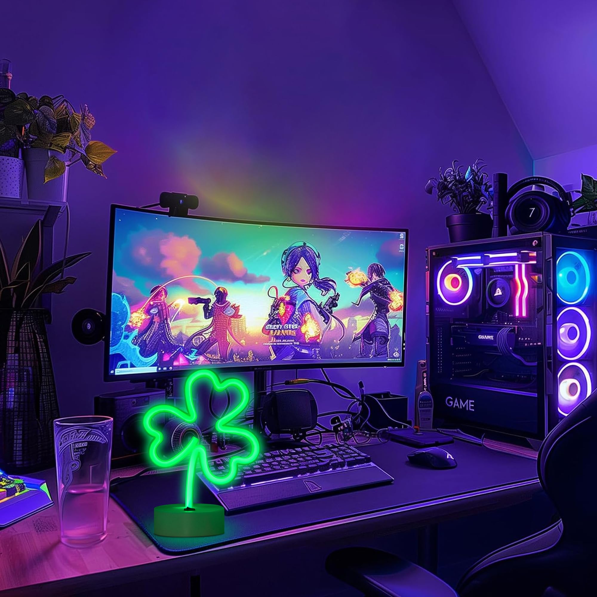 ENUOLI LED Neon Sign - Green Clover Night Light, USB & Battery Powered, Plastic, Model yNH.Z033