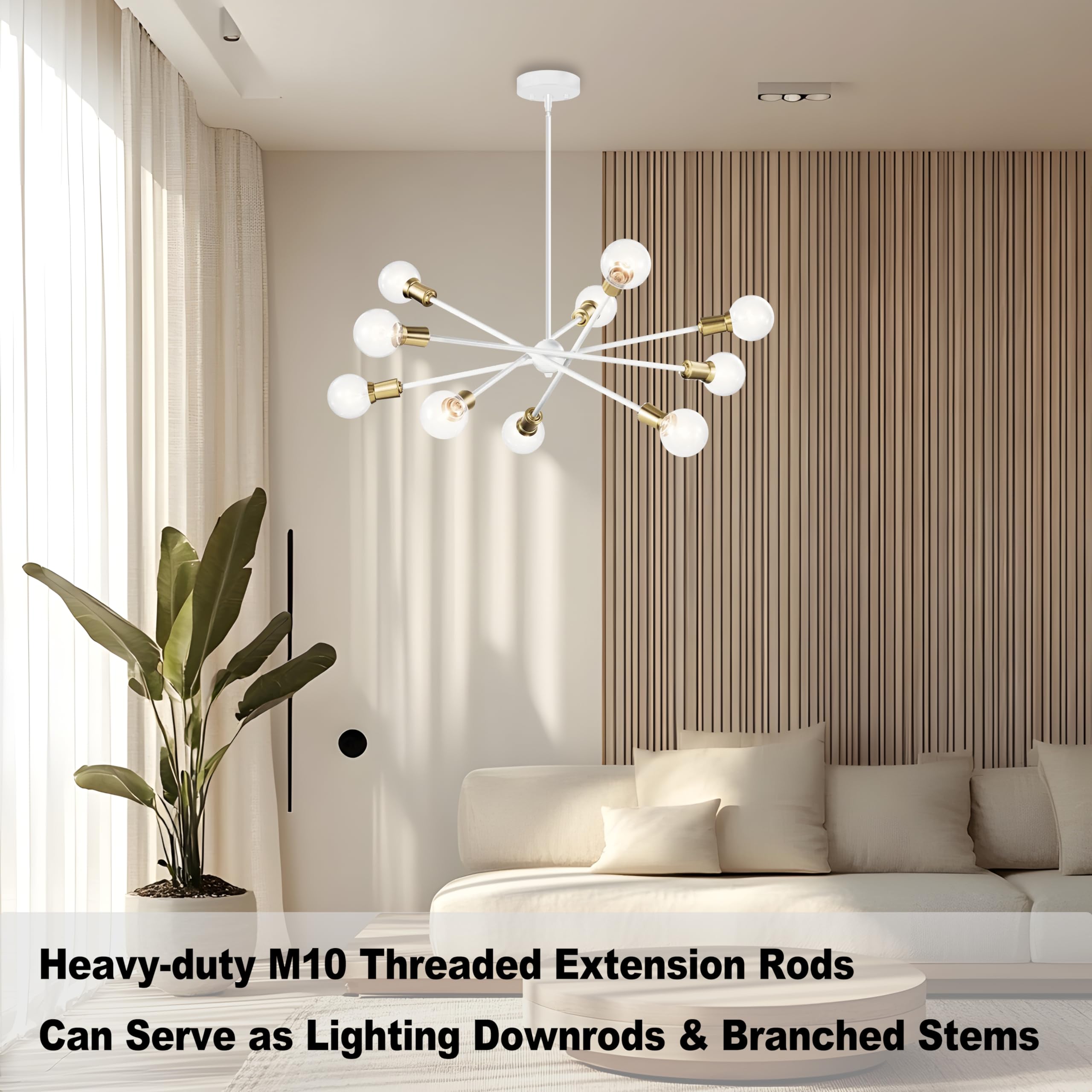 8 Pieces M10 Threaded Extension Poles Lighting Fixture Downrods Stems & 180 Degrees Sloped Ceiling Adapter Kits For Pendant Light  Island Lighting  Chandeliers (White)