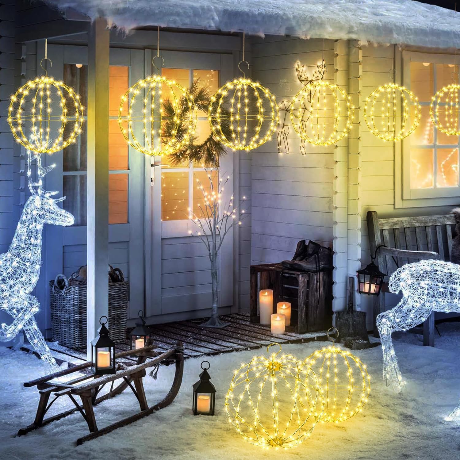 Flacchi Christmas Hanging Ball Lights Set of 2, Warm White, Waterproof, 8 Modes, SSM0120-S-6V, Indoor/Outdoor Fairy Lights