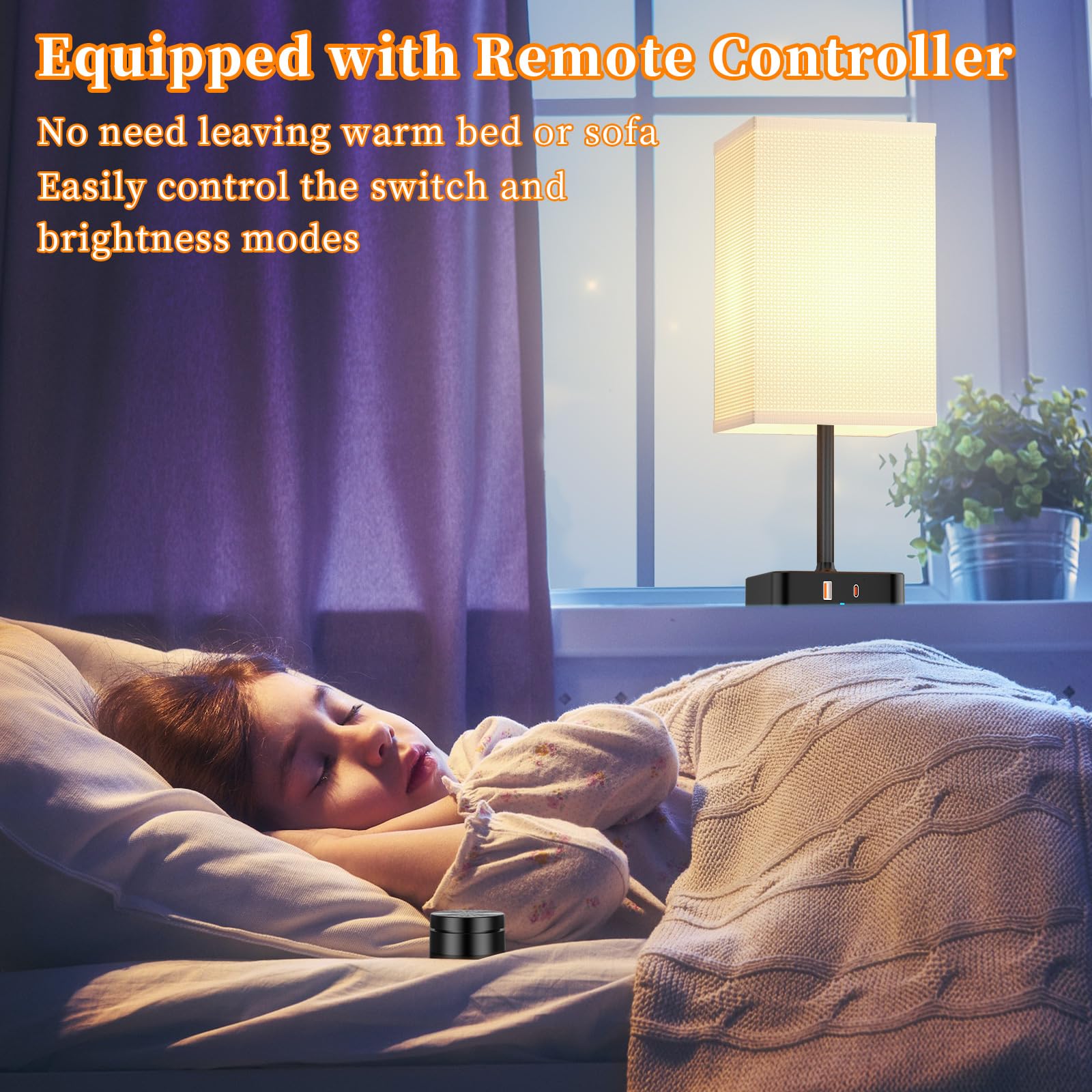 Remote Control Bedside Lamp With Usb-C & Usb-A Charging Ports, 2 Ac Outlets, Stepless Dimming Nightstand Lamp For Bedroom- Touch