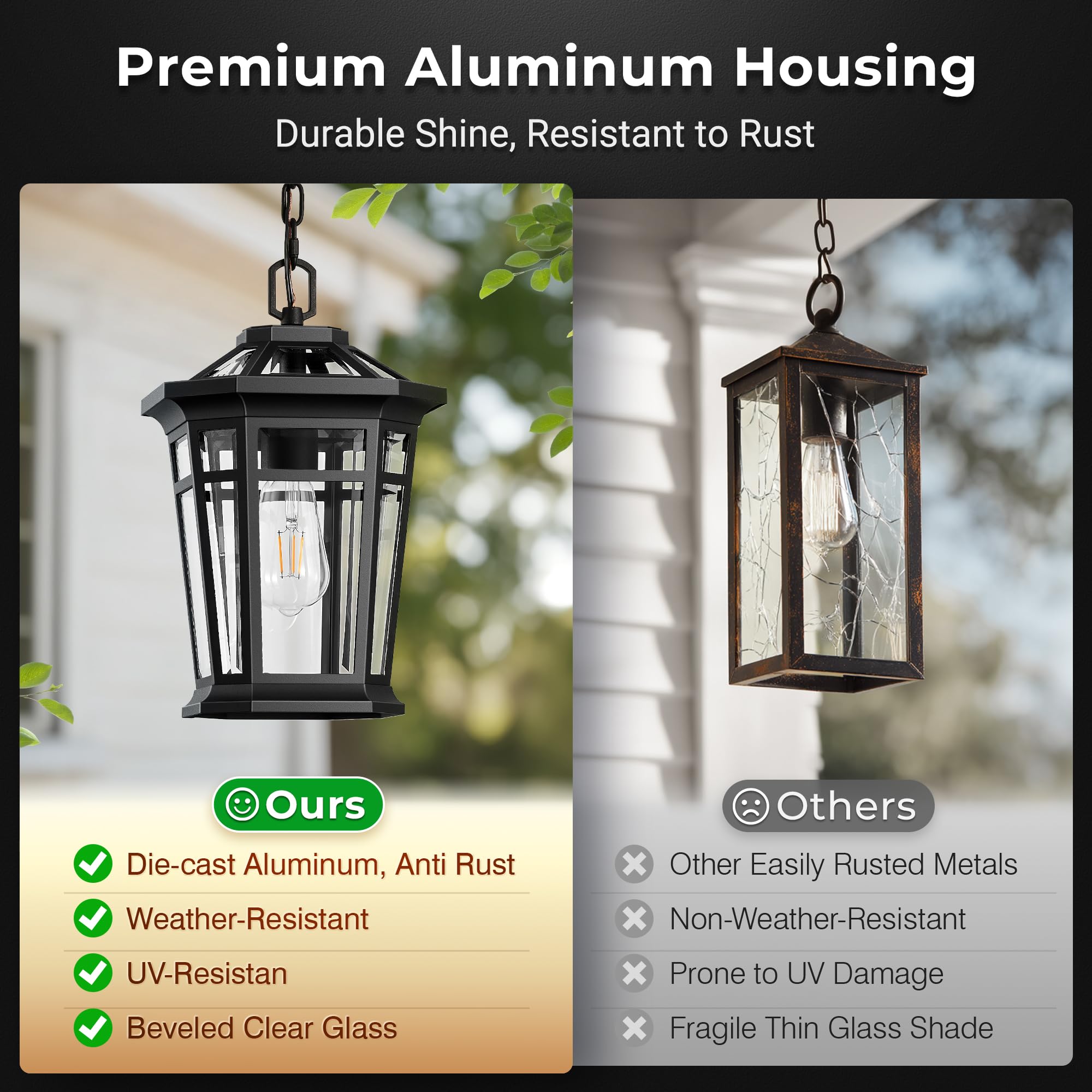 Vianis Large Outdoor Pendant Lights For Porch  Black Hanging Light Fixture  100% Aluminum Waterproof Anti-Rust Ceiling Lighting For House  Outside Hanging Lantern For Porch  Garden  Garage  1-Light