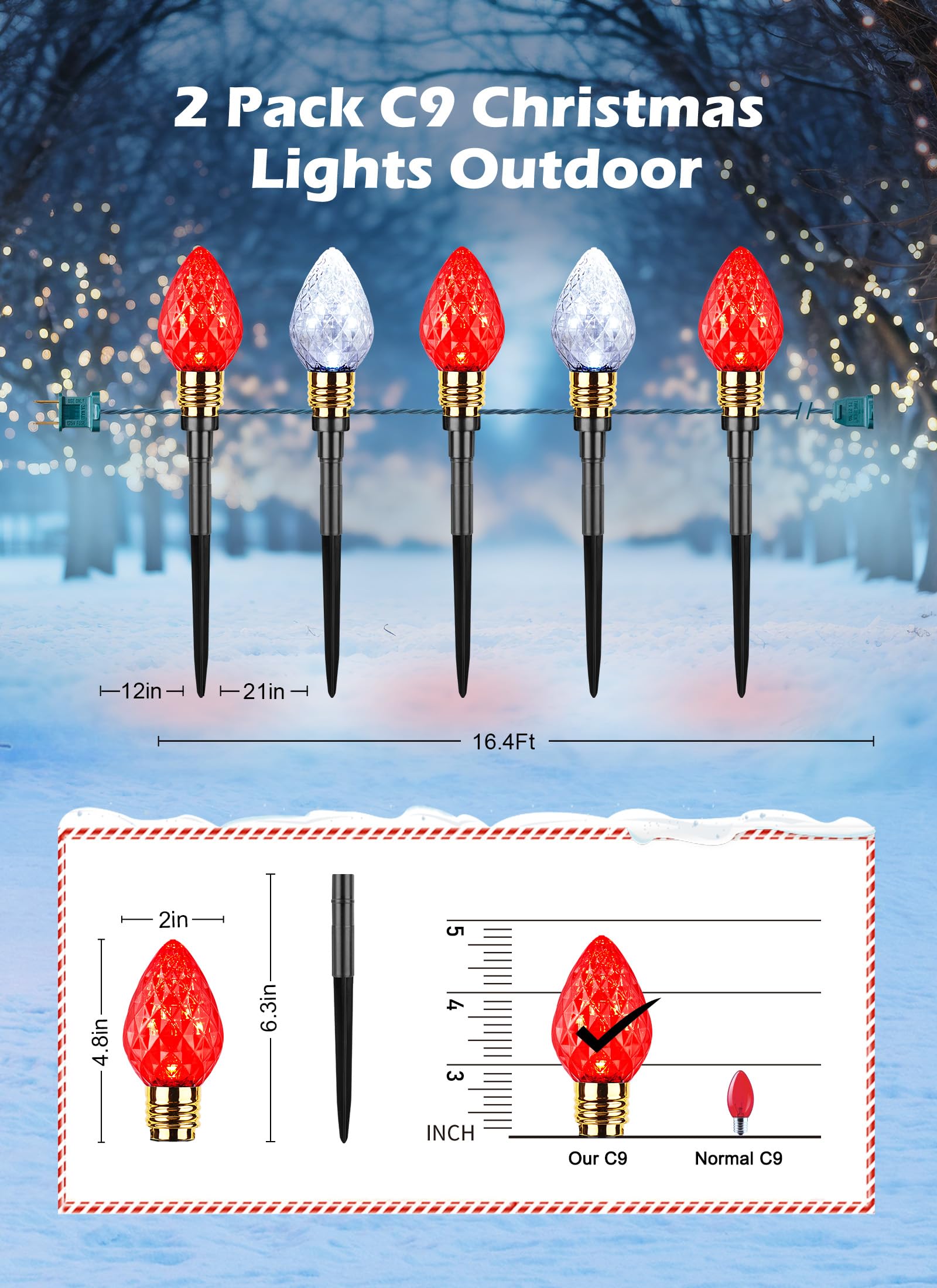 Brightown C9 Christmas Pathway Lights - 20 LED, 34.8 Feet, Strawberry Red & Pure White, Outdoor Decorations for Yard, Model GY-C-50.6-U-B1