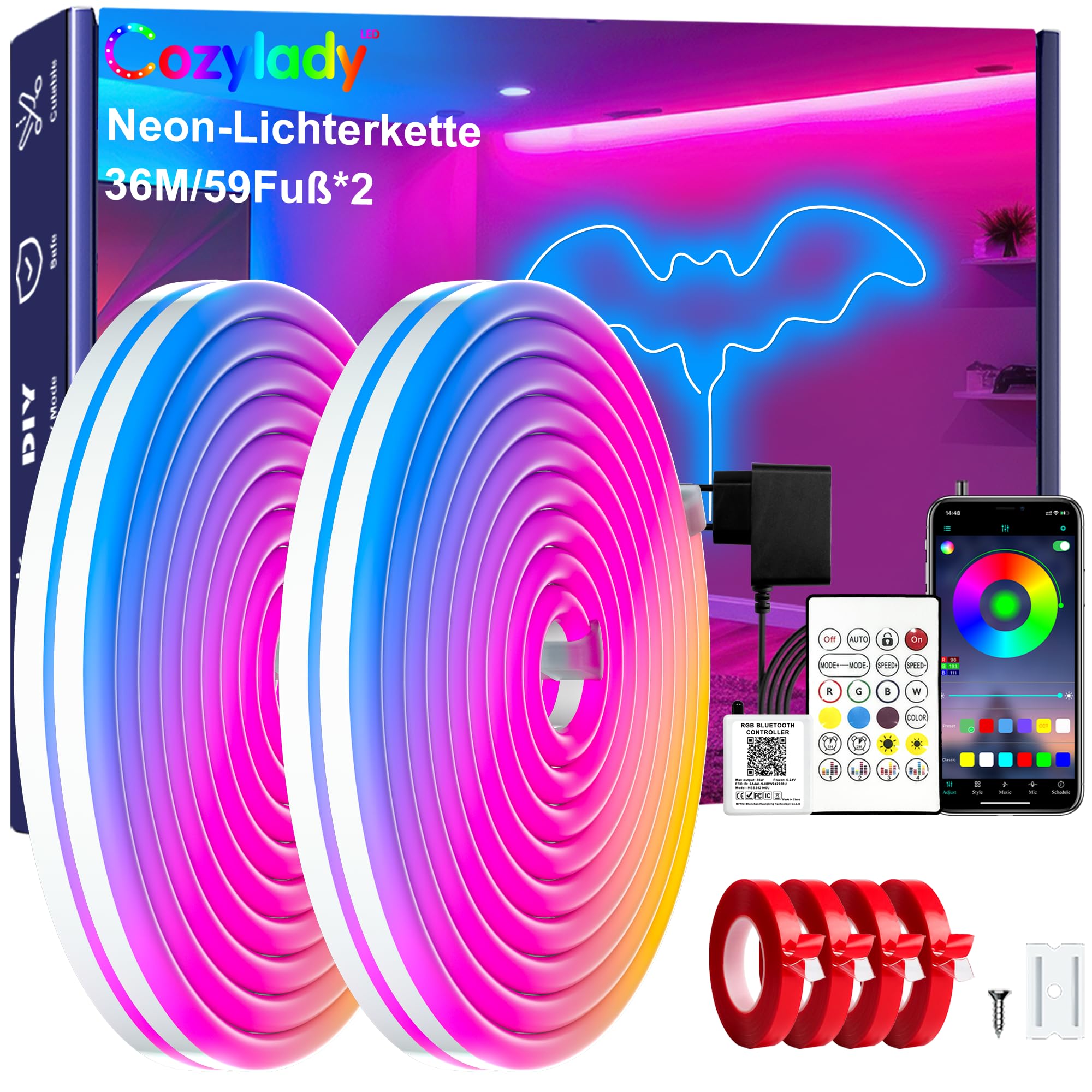 Cozylady RGB LED Neon Rope Lights, 100Ft (30M), Multicolor, App/Remote Control, Model HX-WL3035-24V, Indoor/Outdoor Decor