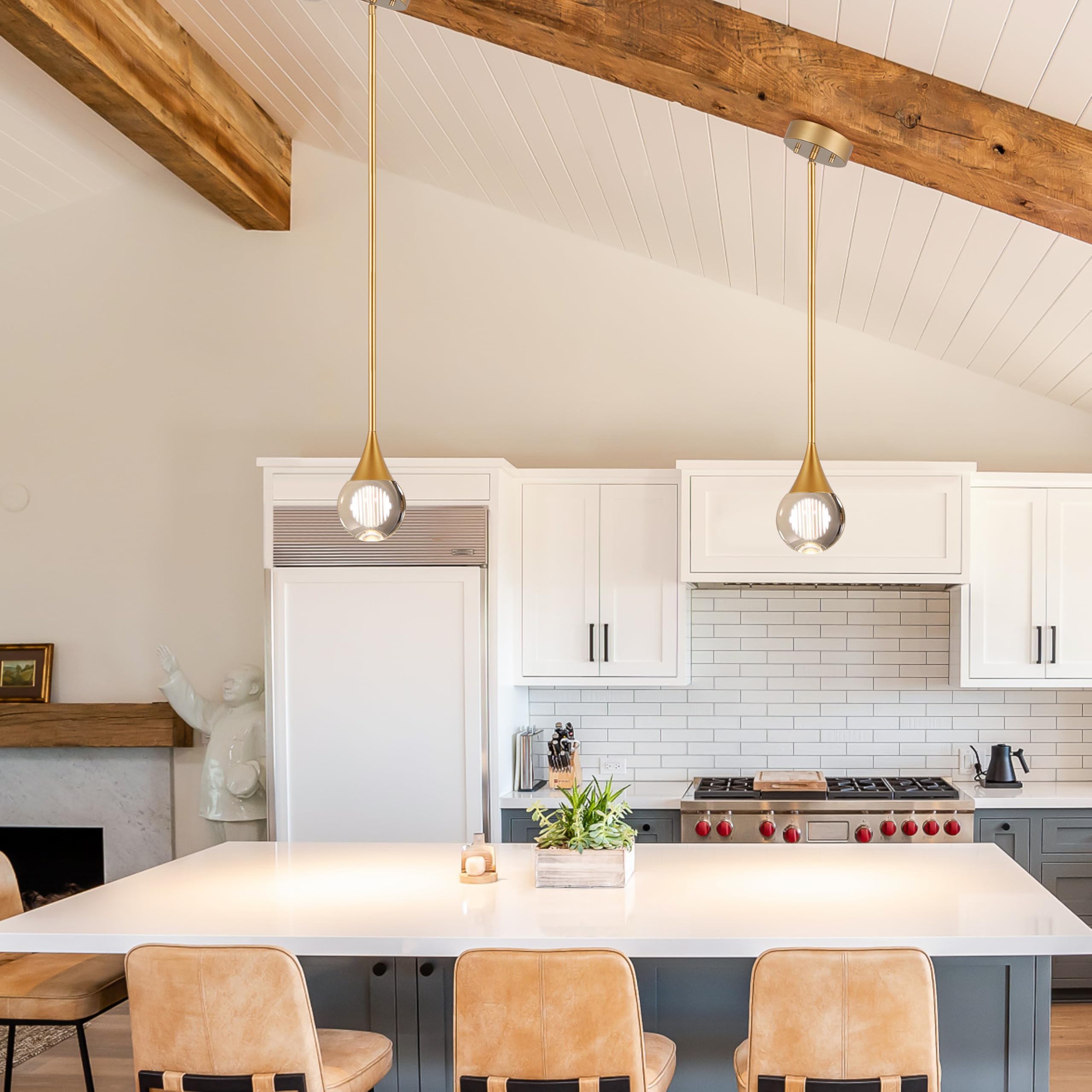 Eanloly 1-Pendant Lights Kitchen Island, Brass Gold Globe Crystal Ceiling Hanging Light Fxitures, Led Light Fixtures Metal Rod C