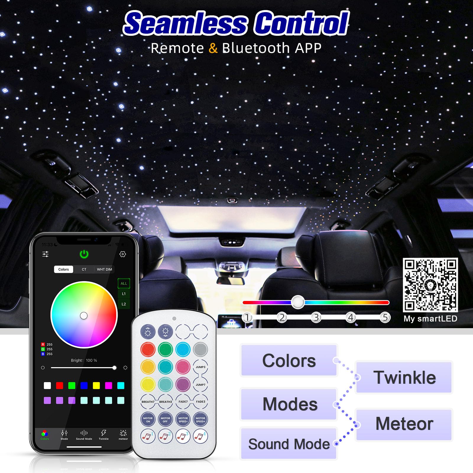 SUNKENET Starlight Headliner Kit - 400pcs Fiber Optic Lights, 9.8ft, Pure White, Bluetooth APP/Remote Control, Model QJ-L006