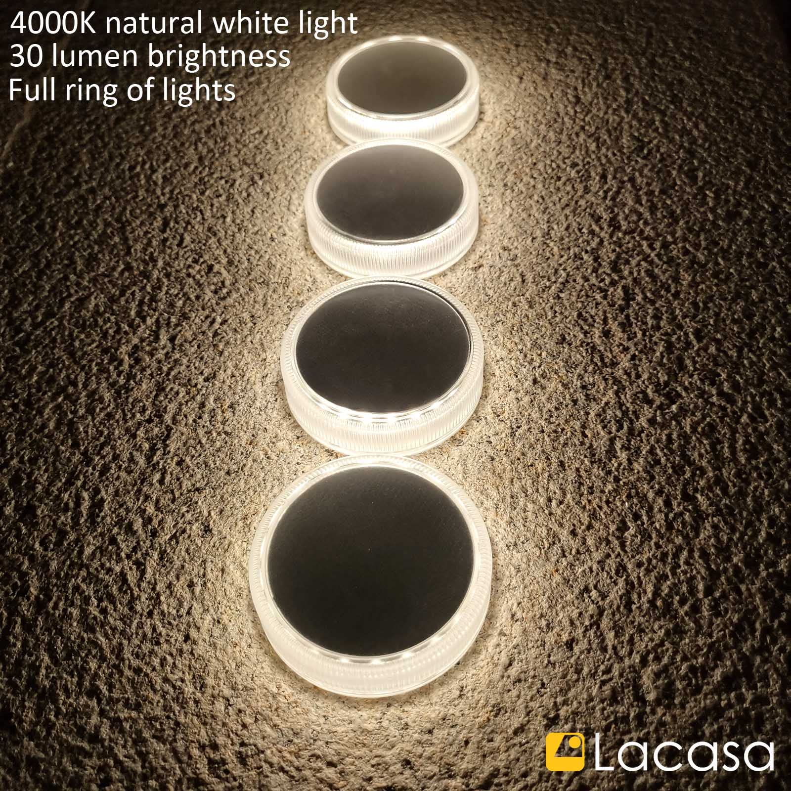 Lacasa Solar Deck Lights, Waterproof LED Step Lights, Round, 4000K Neutral White, Model C78, 4 Pack